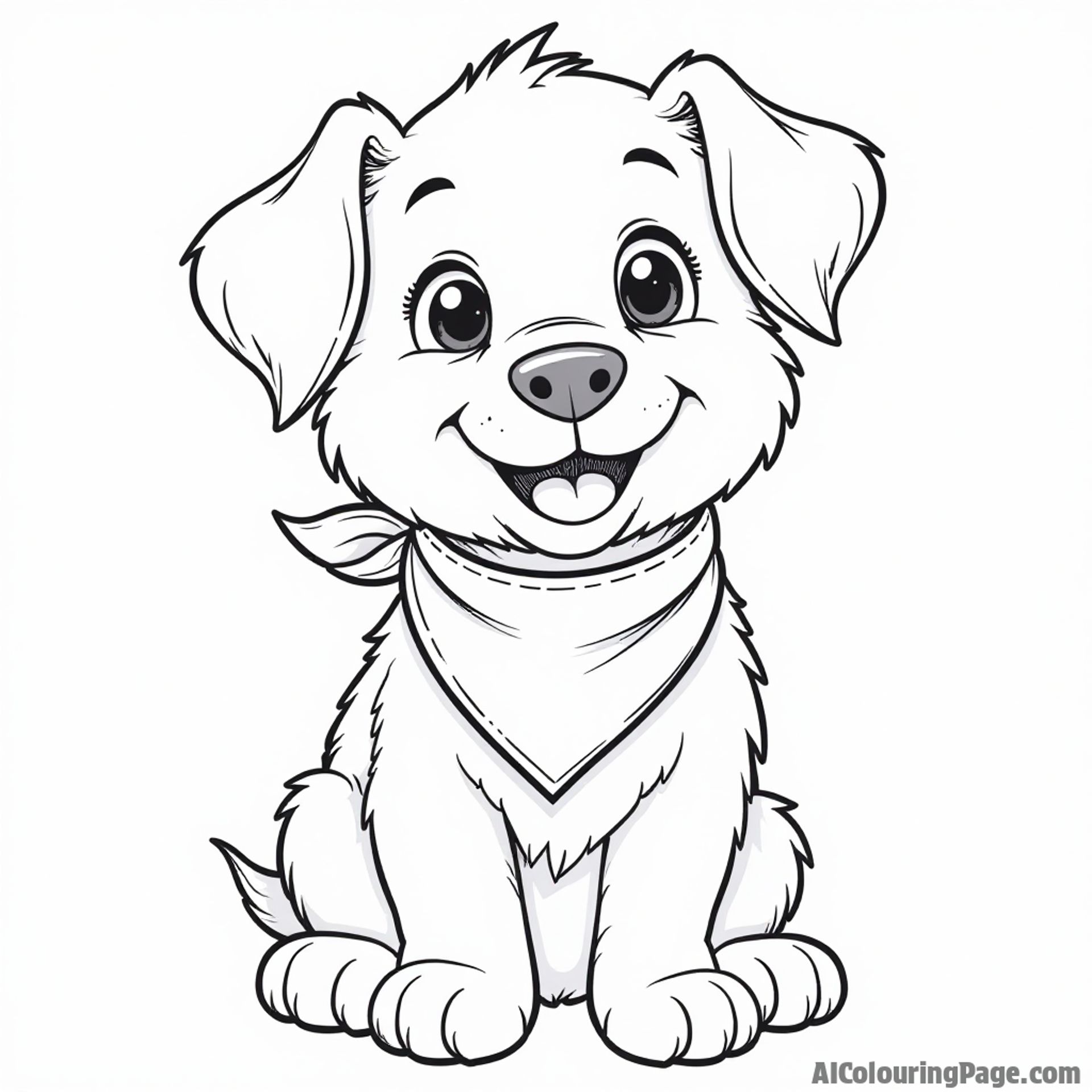 Puppy coloring sheet, wearing a bandana, happy smile, clear, bold lines.