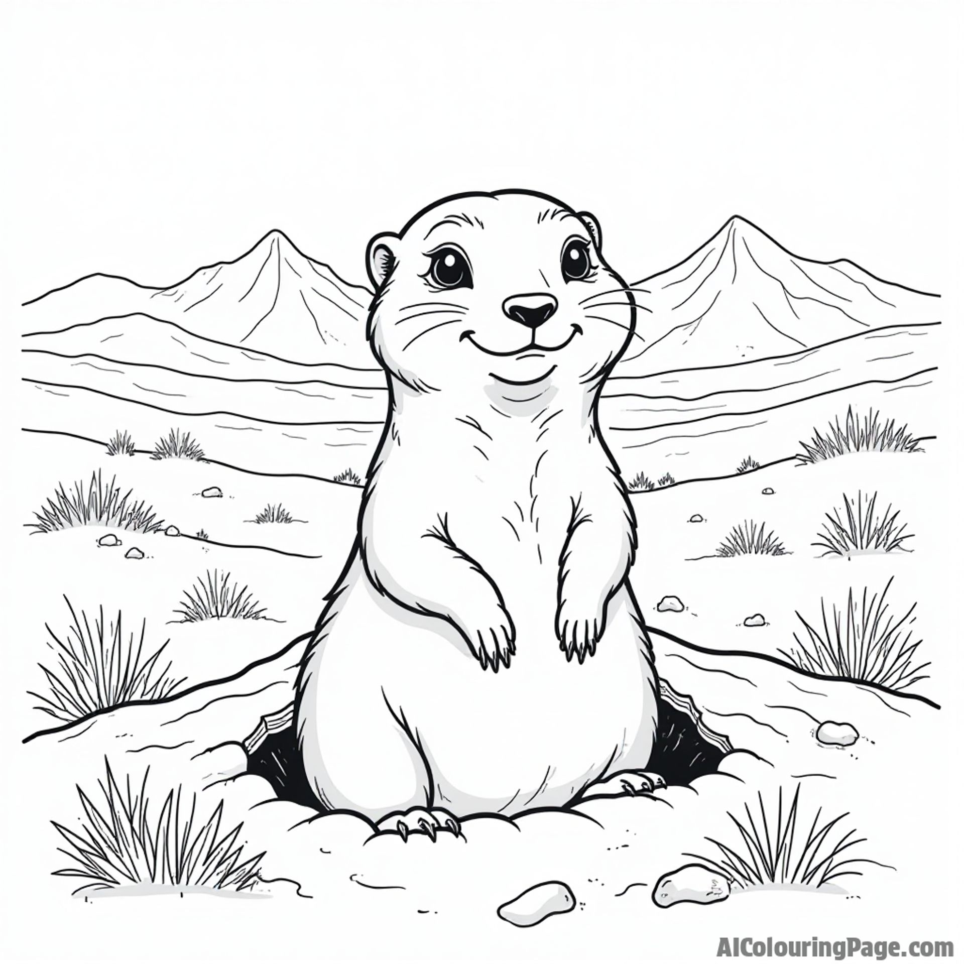 A cute prairie dog popping out of its burrow, surrounded by sagebrush and a distant mountain range in Wyoming.