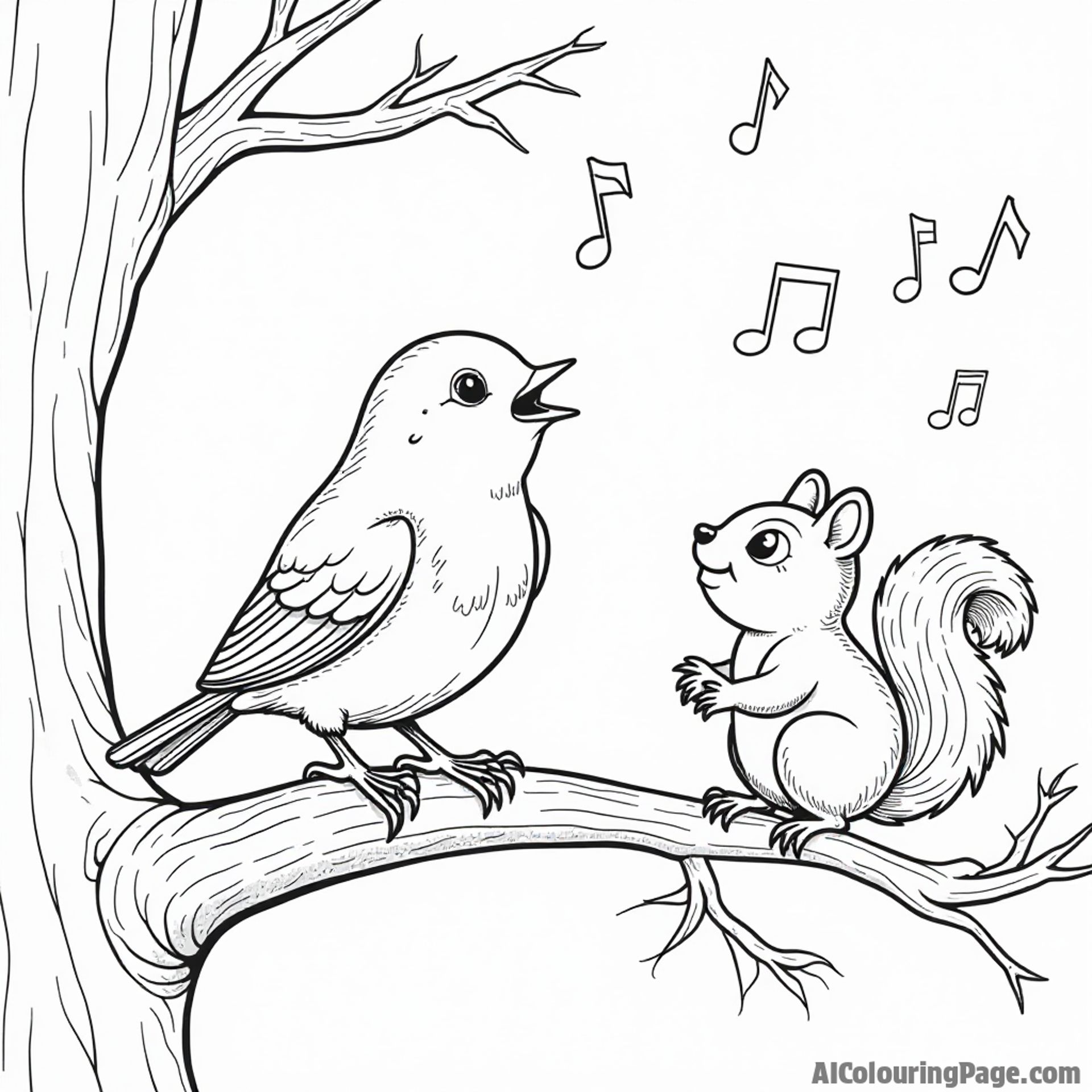 A singing robin on a tree branch with musical notes floating around, accompanied by a friendly squirrel peeking out.