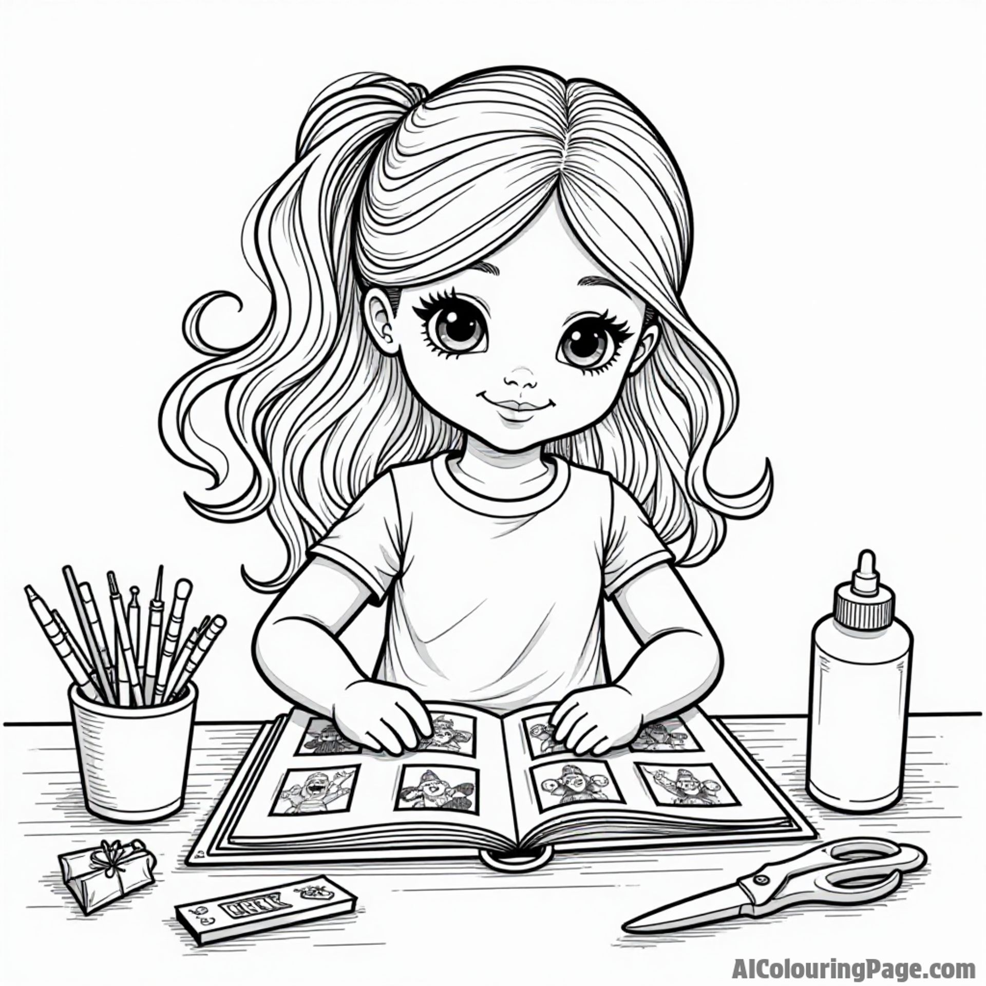 A doll creating a scrapbook with photos and stickers, surrounded by colorful papers, scissors, and glue in her workspace.