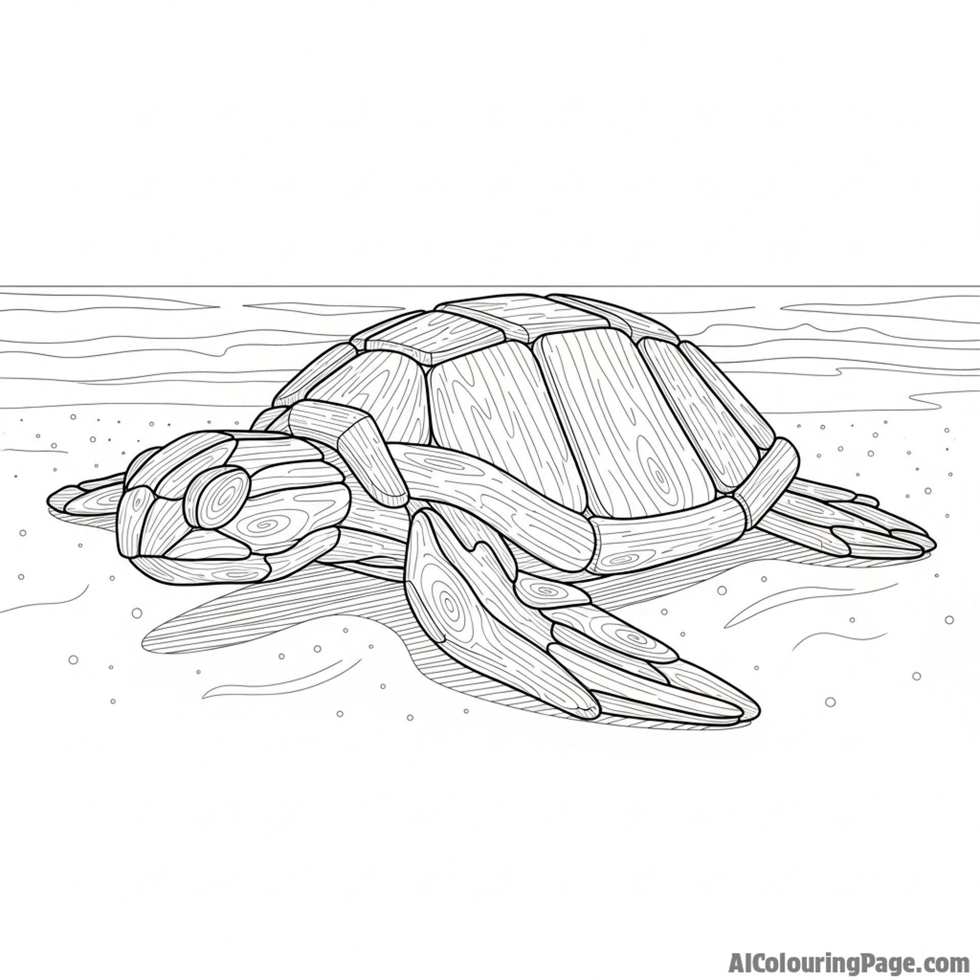 A turtle sculpted from driftwood, found on a beach.