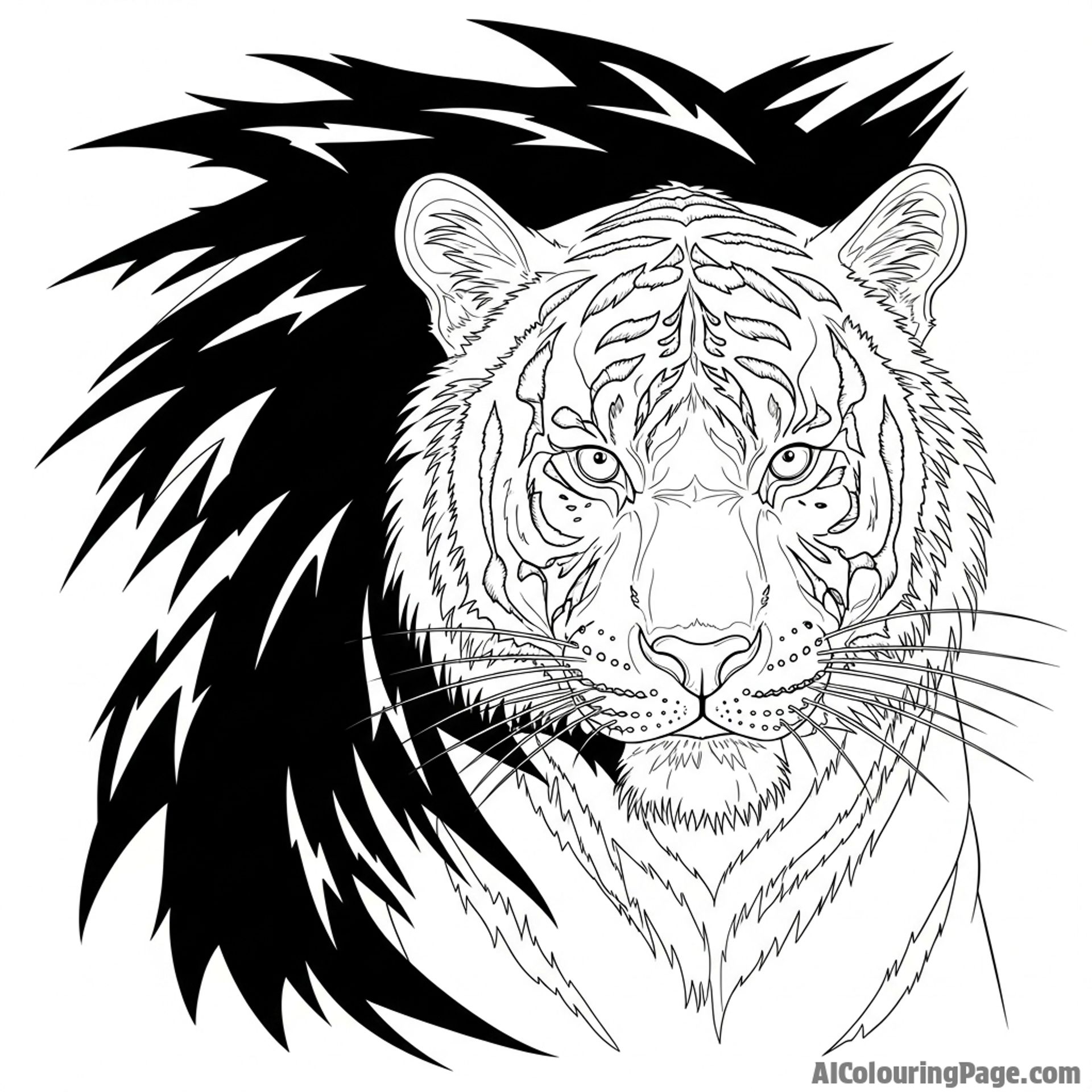 A tiger’s face emerging from deep, impenetrable shadows.