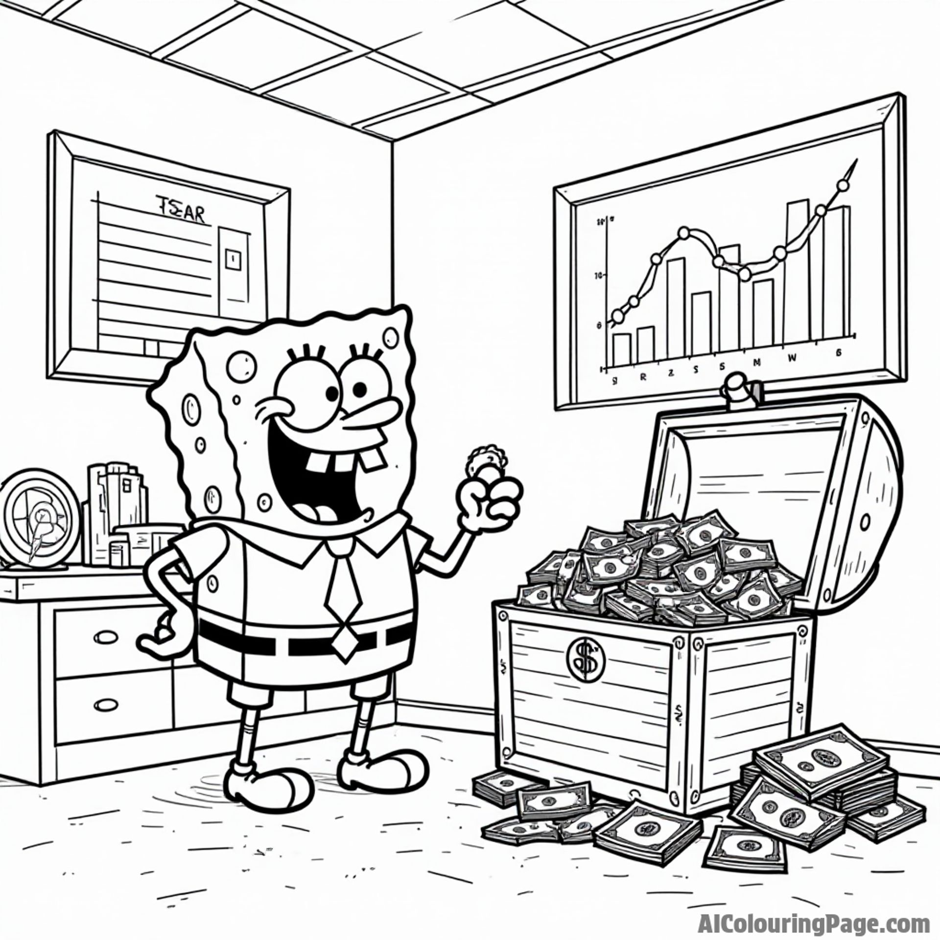 Mr. Krabs teaching SpongeBob about money in his office with charts, dollar bills, and a big treasure chest overflowing