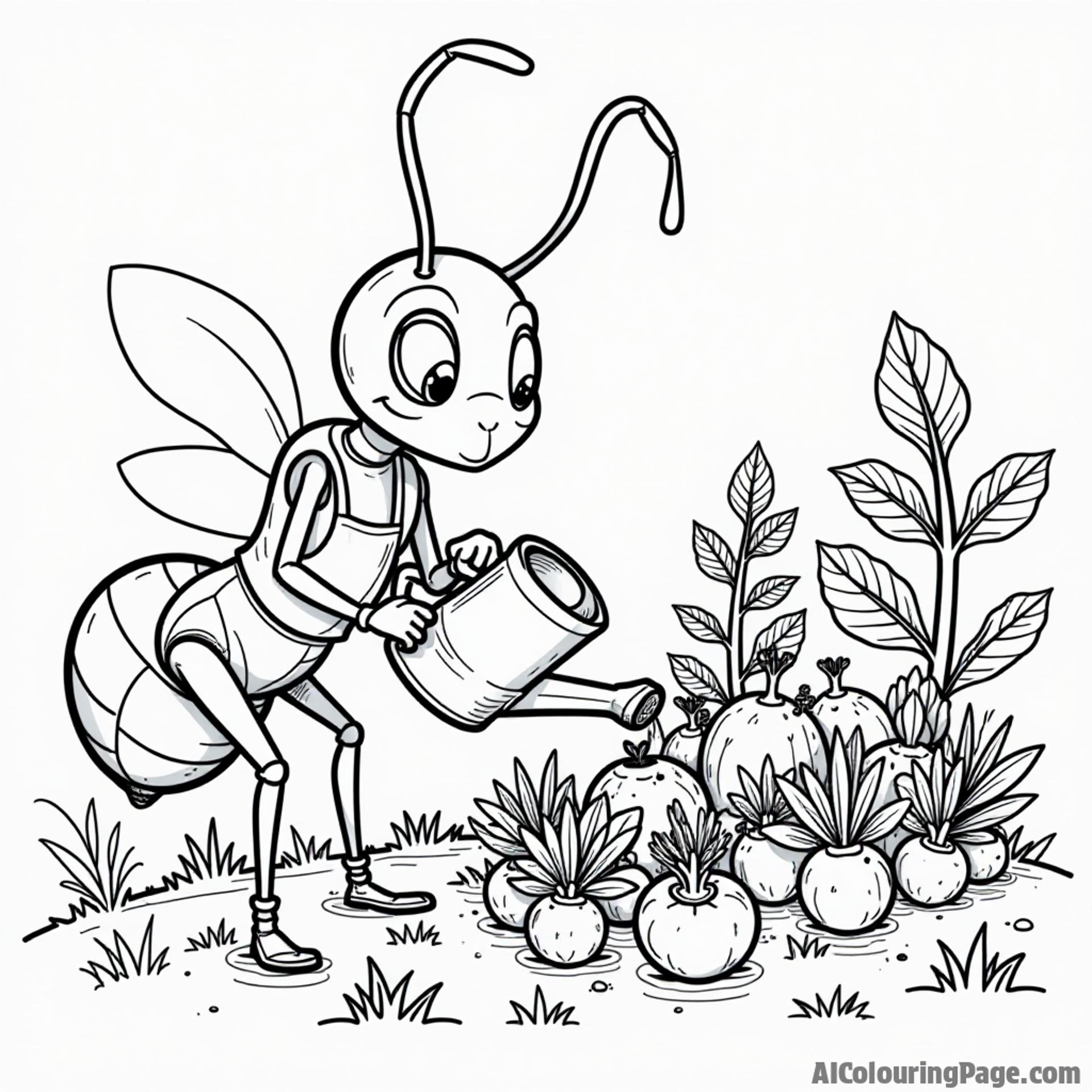An ant farmer tending to a garden of vegetables with a watering can, promoting nature and coloring fun for kids.