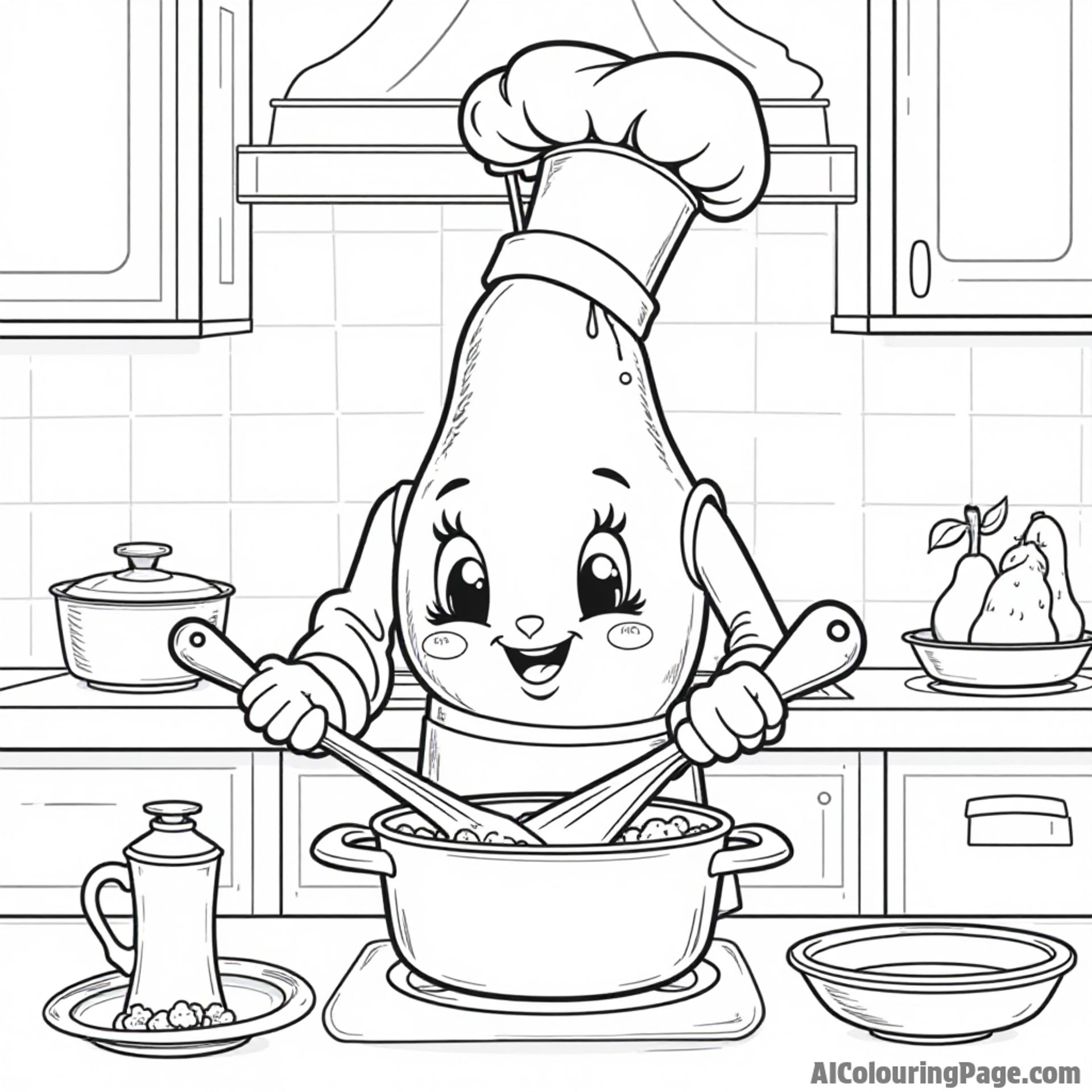 An animated pear chef cooking in a kitchen, stirring a pot while wearing a chef hat and apron, ready for coloring fun.
