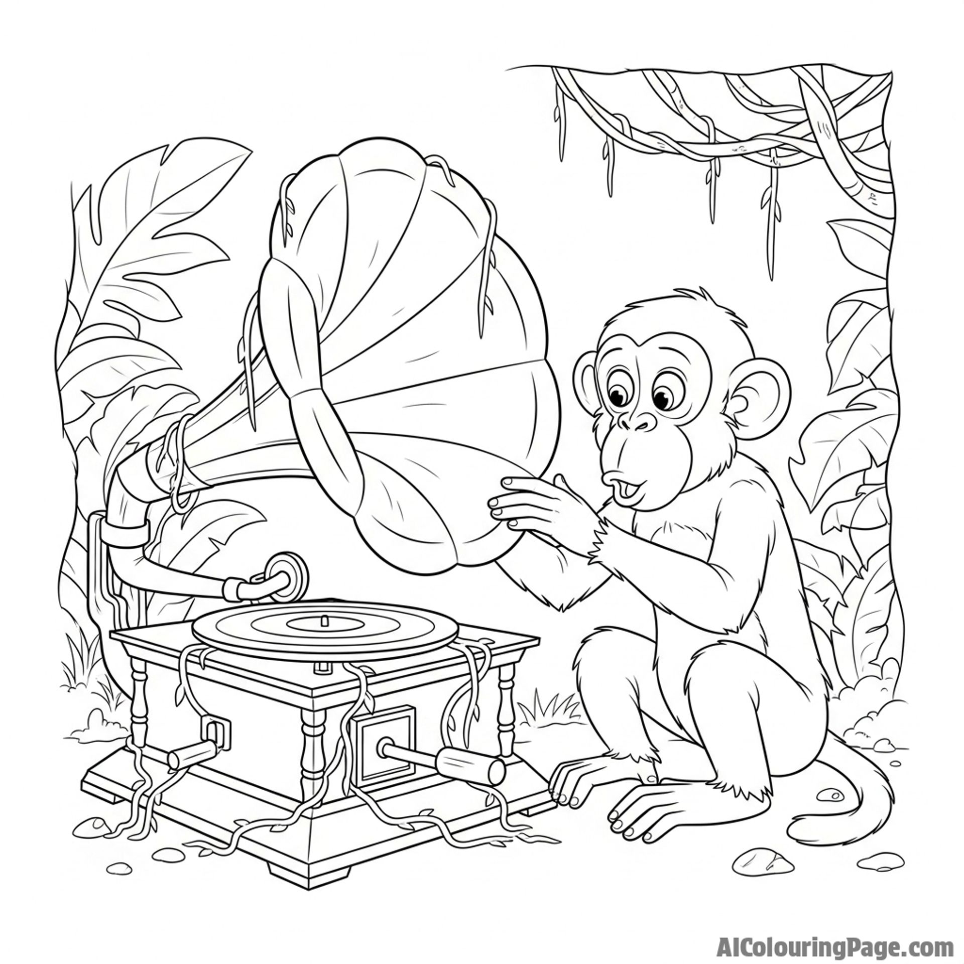 A monkey discovering an old, forgotten gramophone in the jungle.
