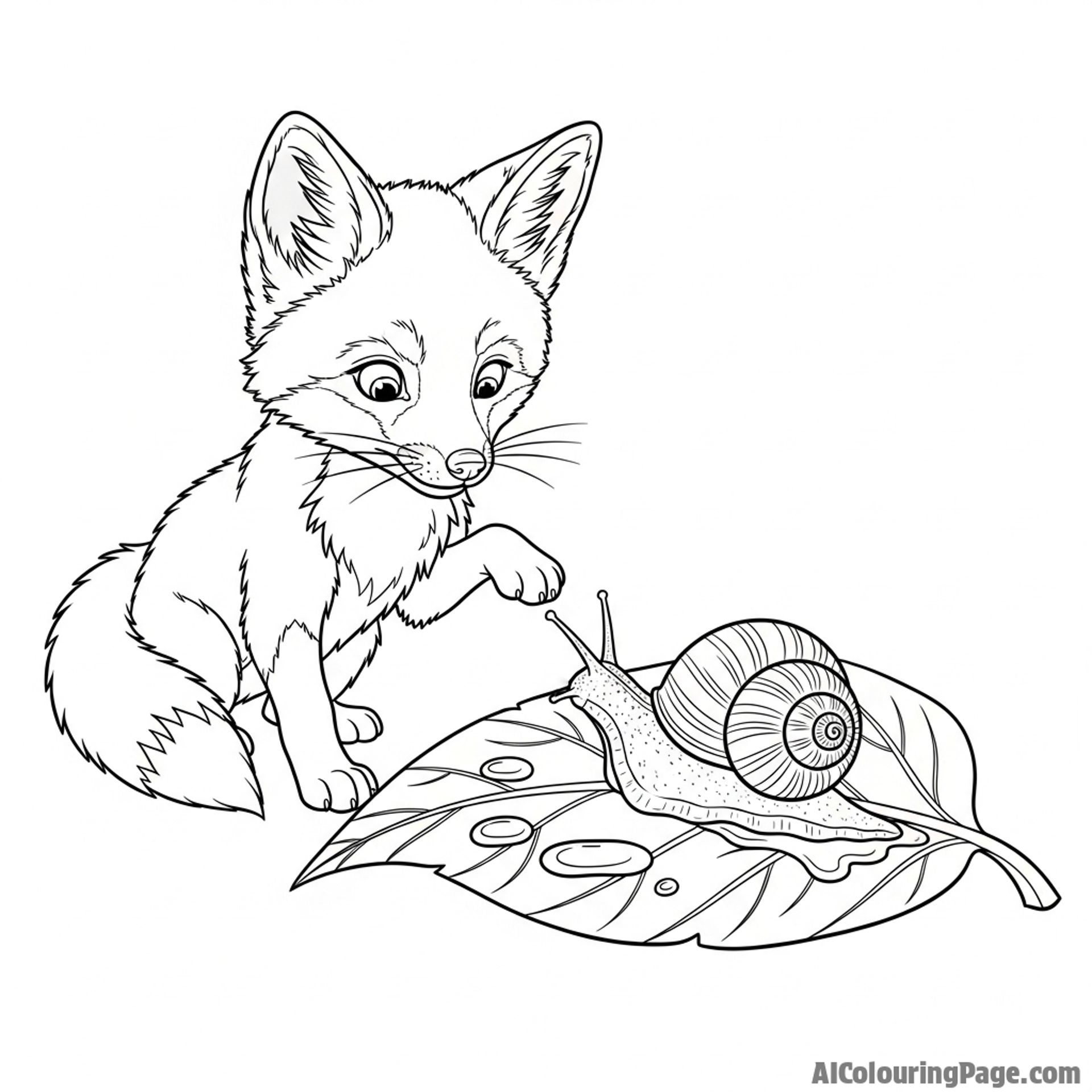 A curious fox kit discovering a snail crawling on a large, damp leaf.