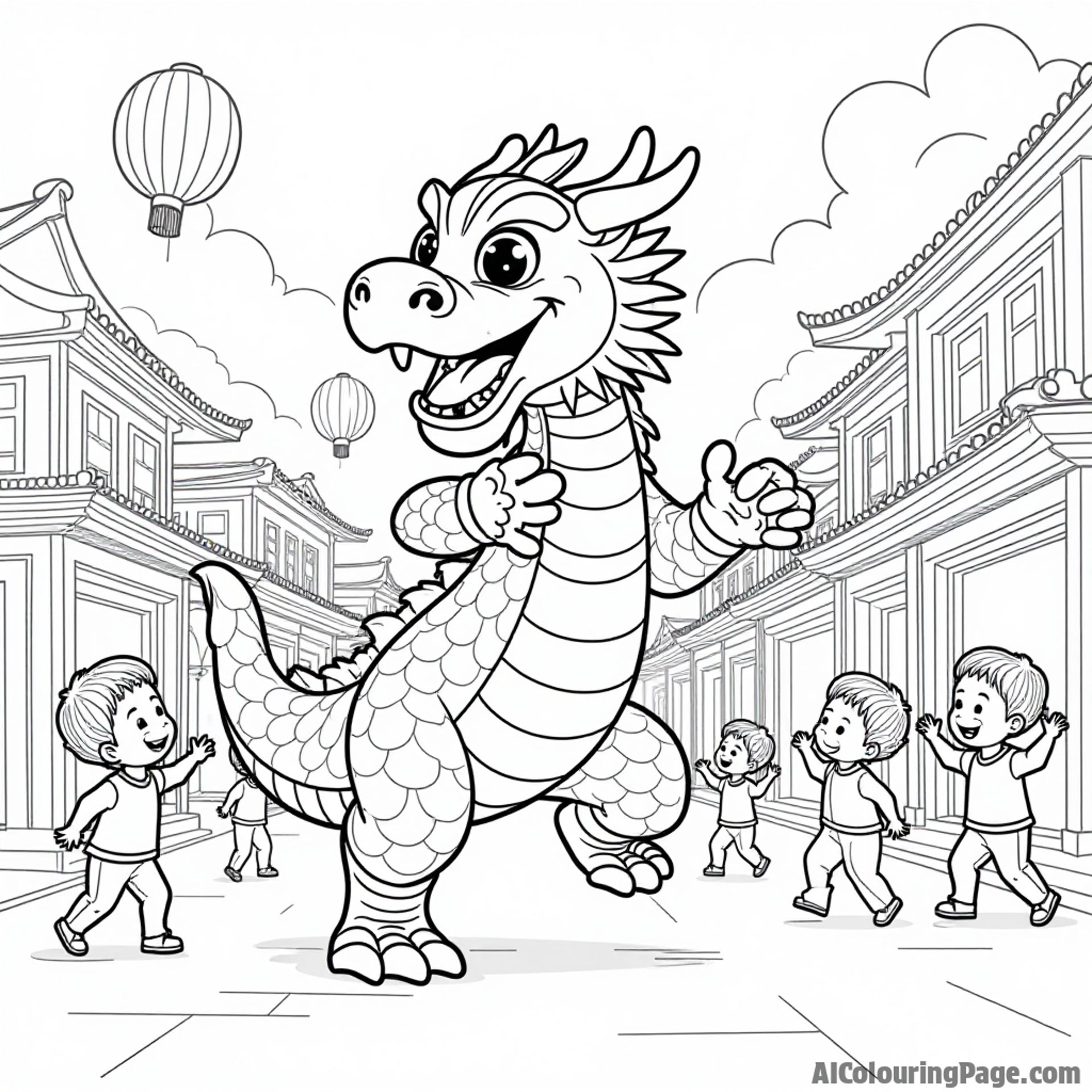 A joyful dragon dancing through the streets with lanterns flying around, children watching happily, celebrating Chinese New Year in a festive atmosphere that captures the essence of cultural traditions.