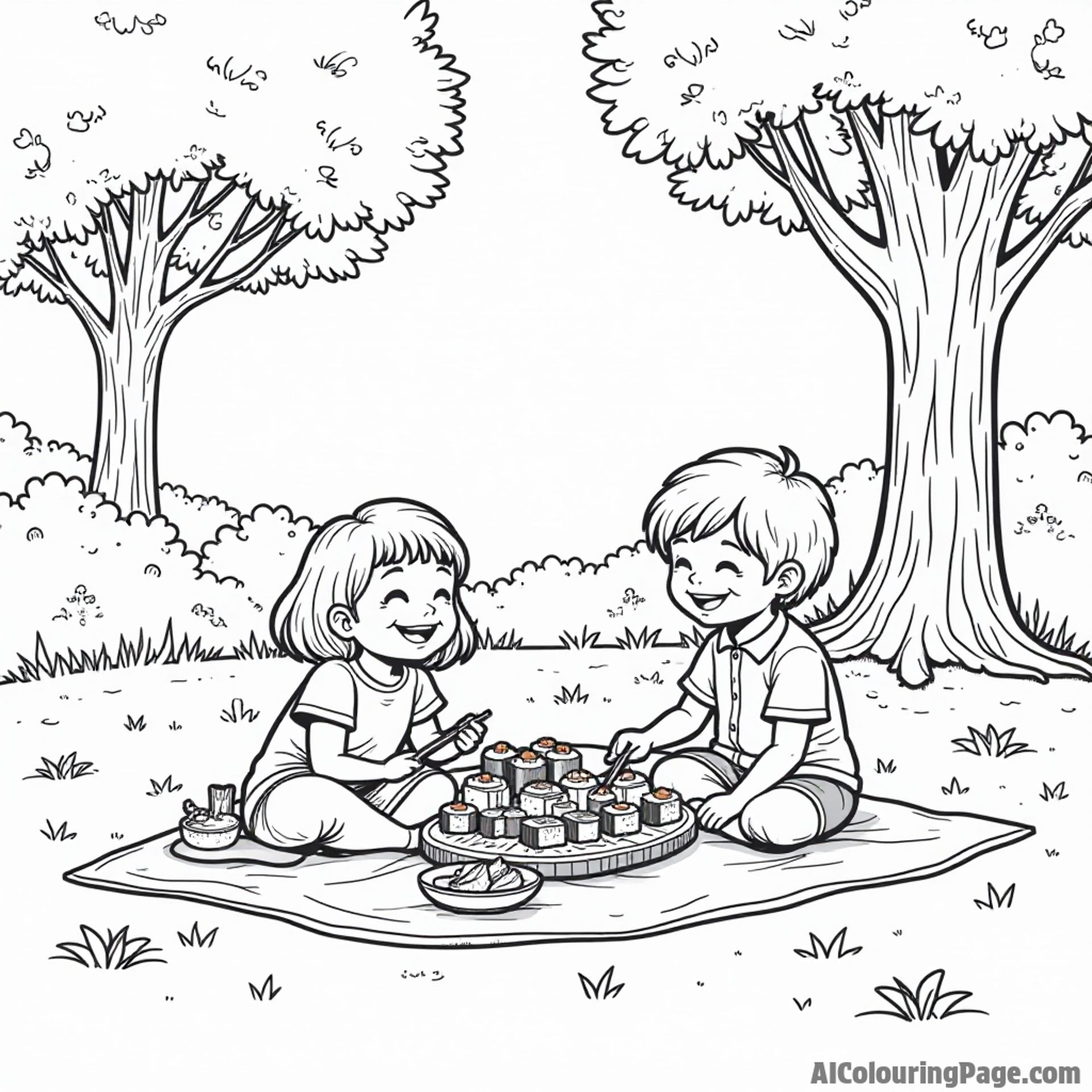 A sushi picnic in the park with a blanket full of sushi, happy kids laughing, and a big tree for shade.