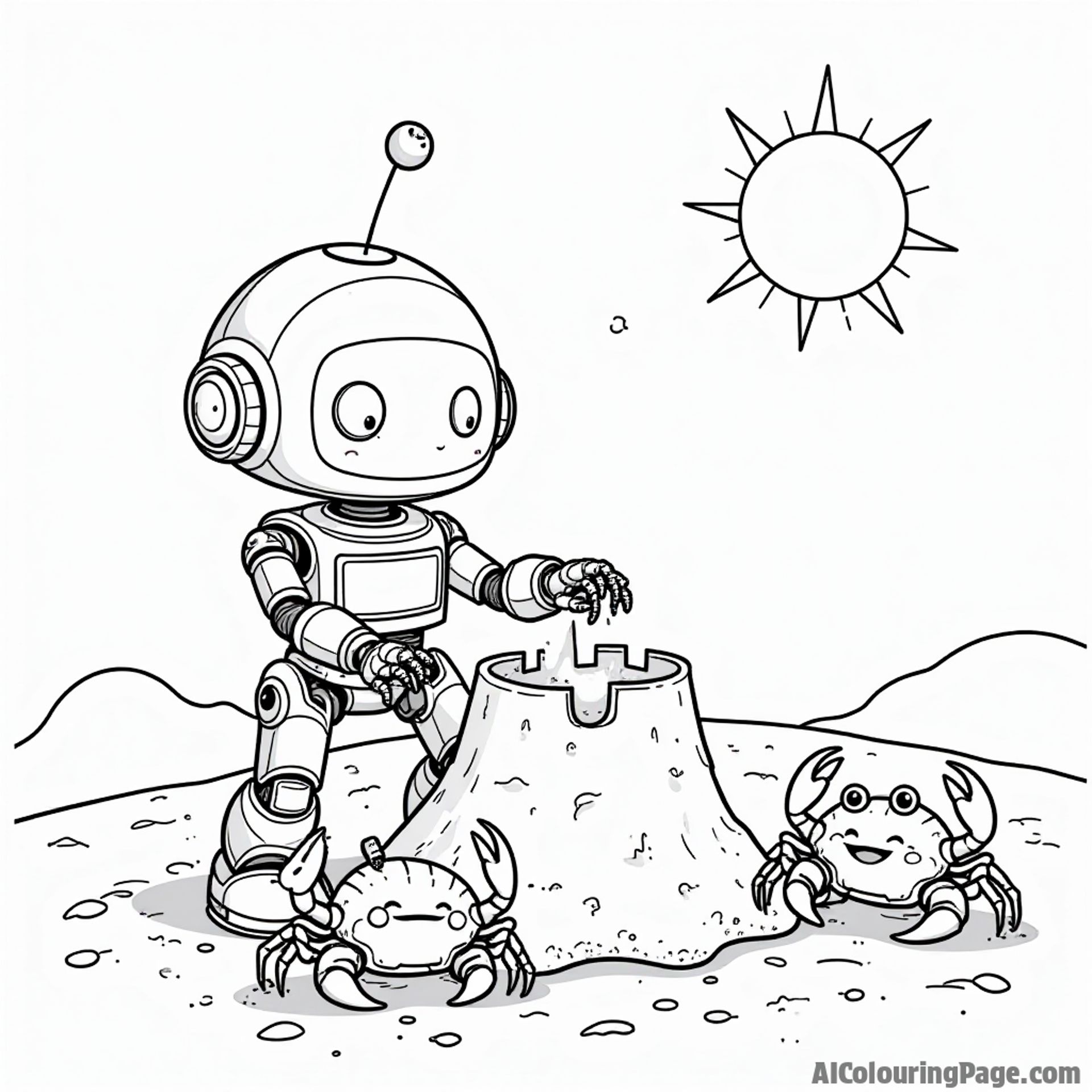 A lovable robot building a sandcastle on a planet, with three playful crabs and a bright sun above.