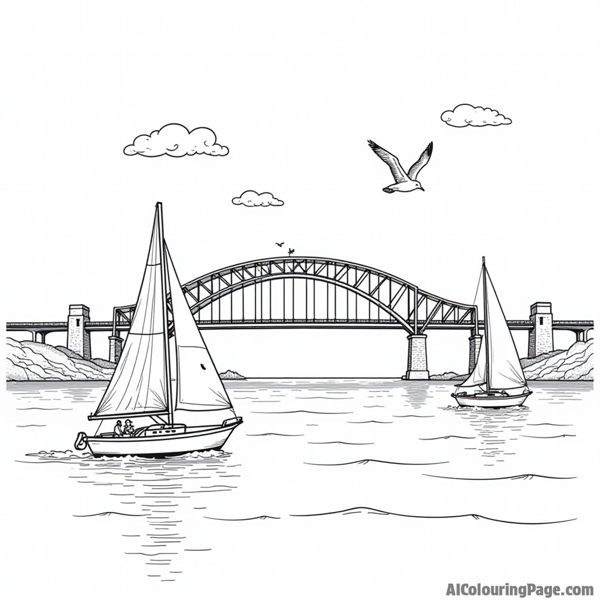 An outline of Mackinac Bridge with sailboats and seagulls flying above, perfect for a children's coloring book page.
