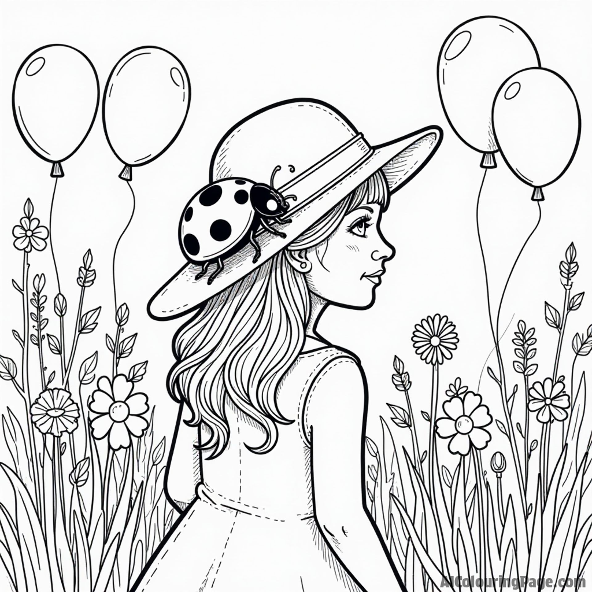 A ladybug perched on a lady’s hat in a garden party, surrounded by colorful balloons and cheerful guests.