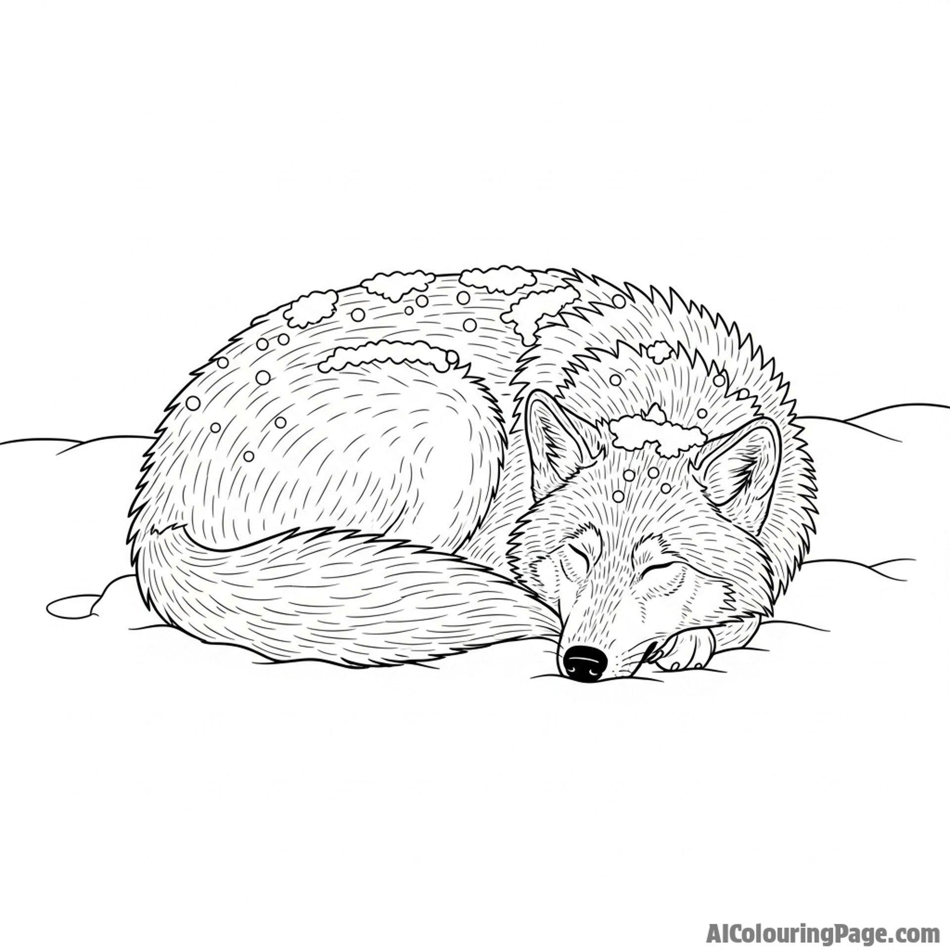 A wolf curled up asleep in the snow, a light dusting of fresh flakes on its thick fur.