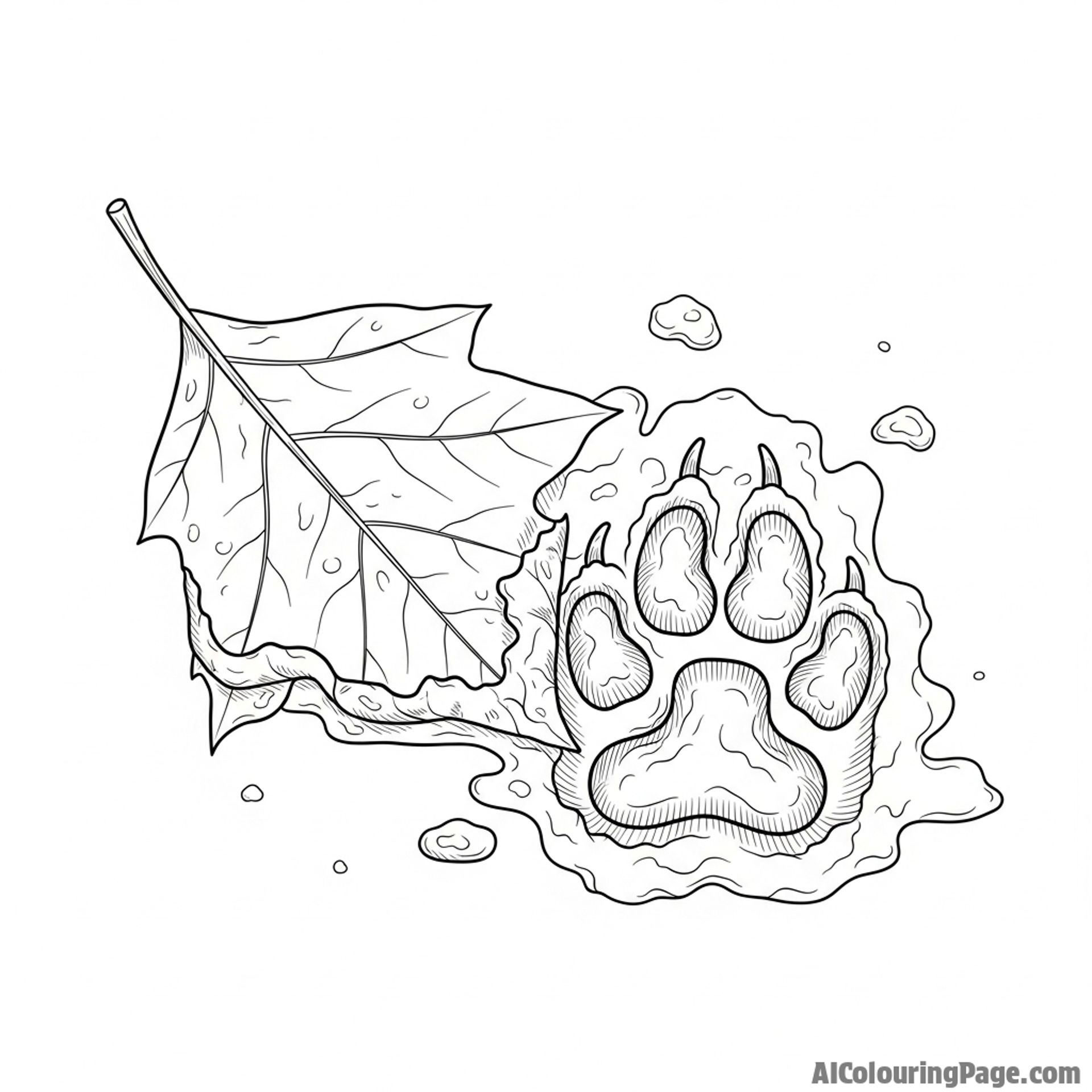 A close-up of a fox paw print pressed into wet mud next to a fallen leaf.