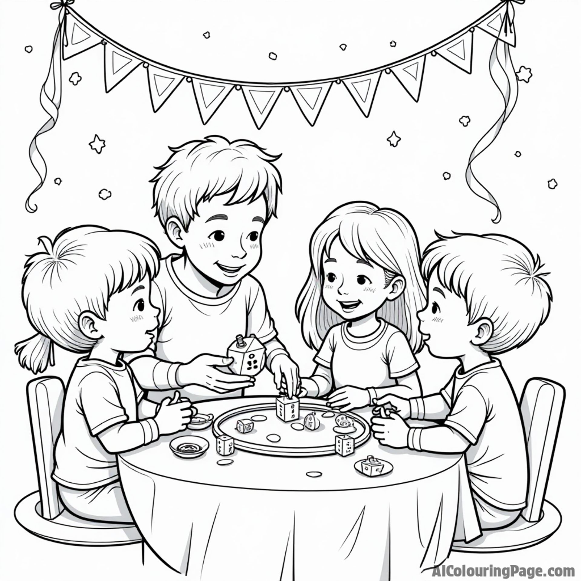 A family playing games with dreidels, surrounded by festive decorations, creating a lively and interactive Hanukkah scene for children to color and enjoy.