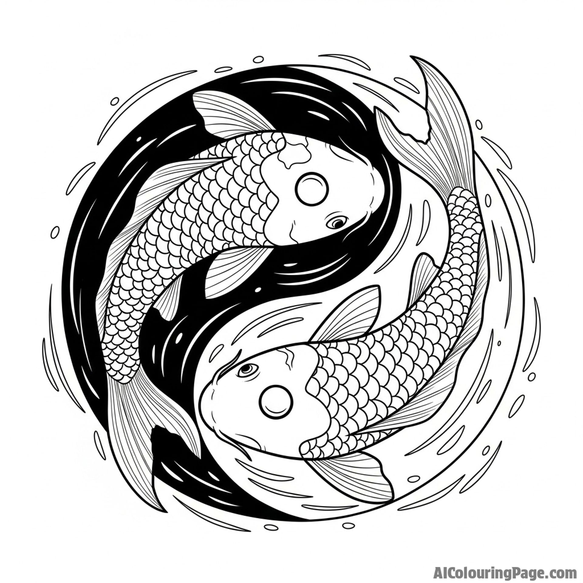 Two koi fish frozen in motion, forming a perfect yin-yang symbol in dark water.