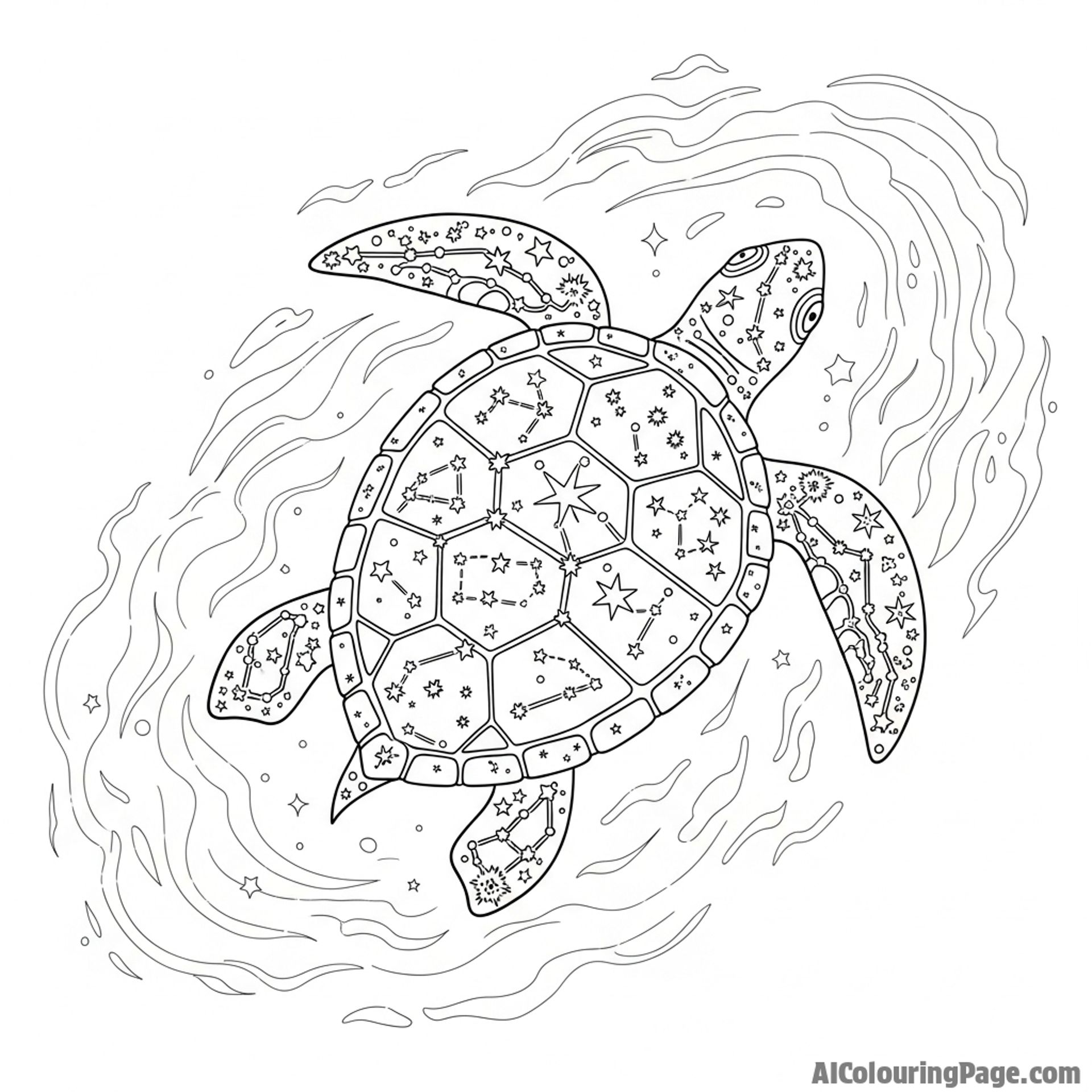 A turtle made of constellations, swimming through a nebula.