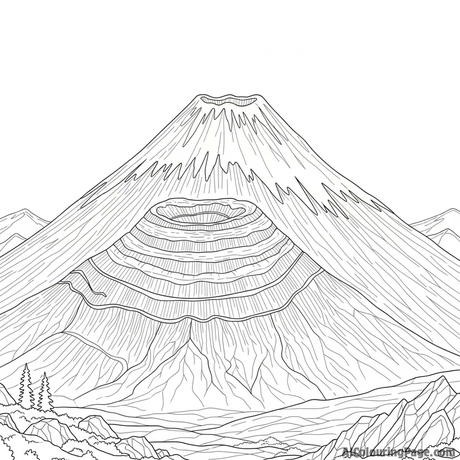 A composite volcano with snow-capped peak.