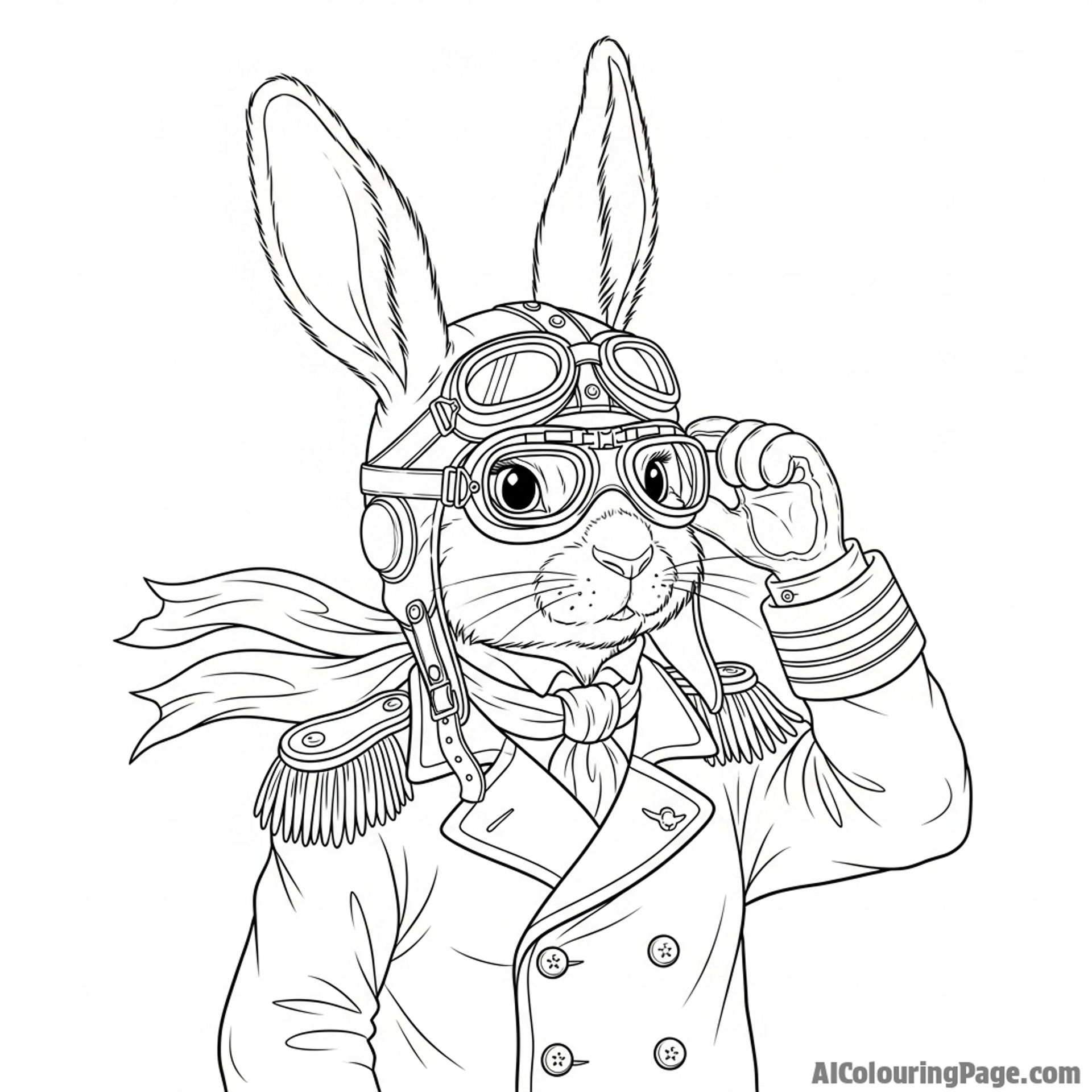An anthropomorphic bunny dressed as a Victorian-era pilot, adjusting its flight goggles.