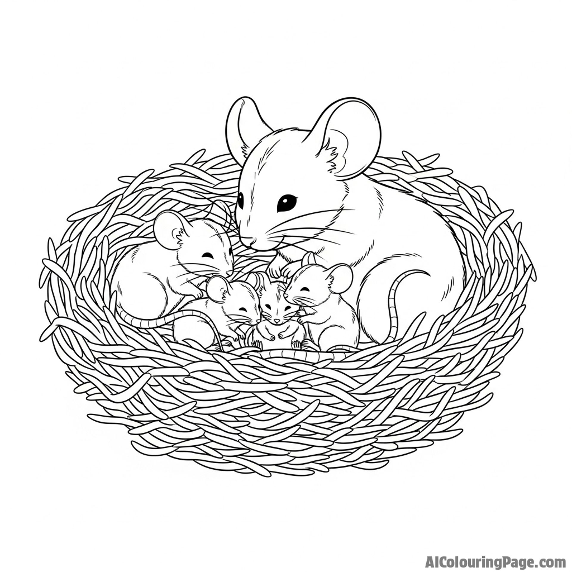 A family of mice huddled together in a nest made of shredded paper and soft fibers.