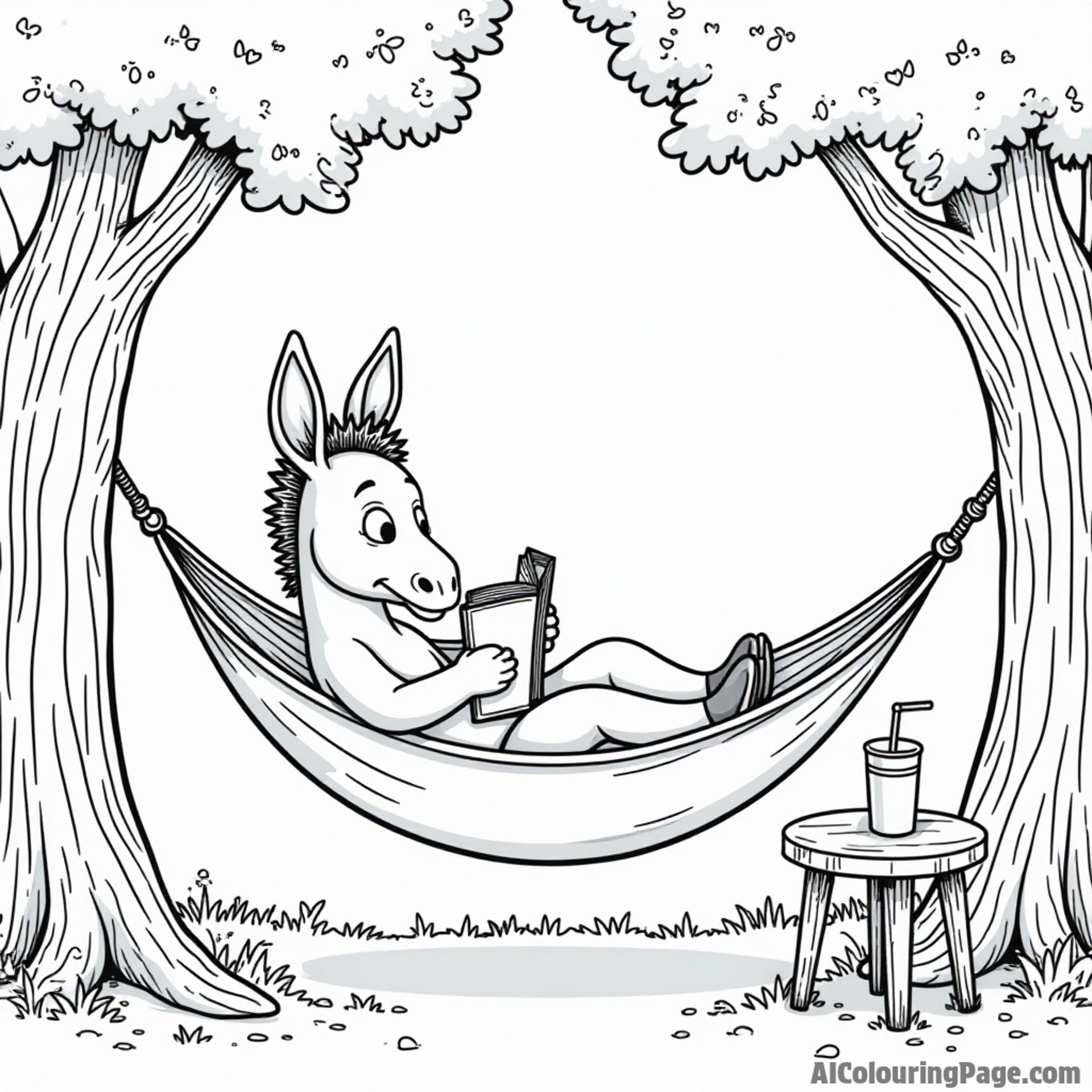 A donkey relaxing in a hammock between two trees, reading a book with a drink on a side table nearby