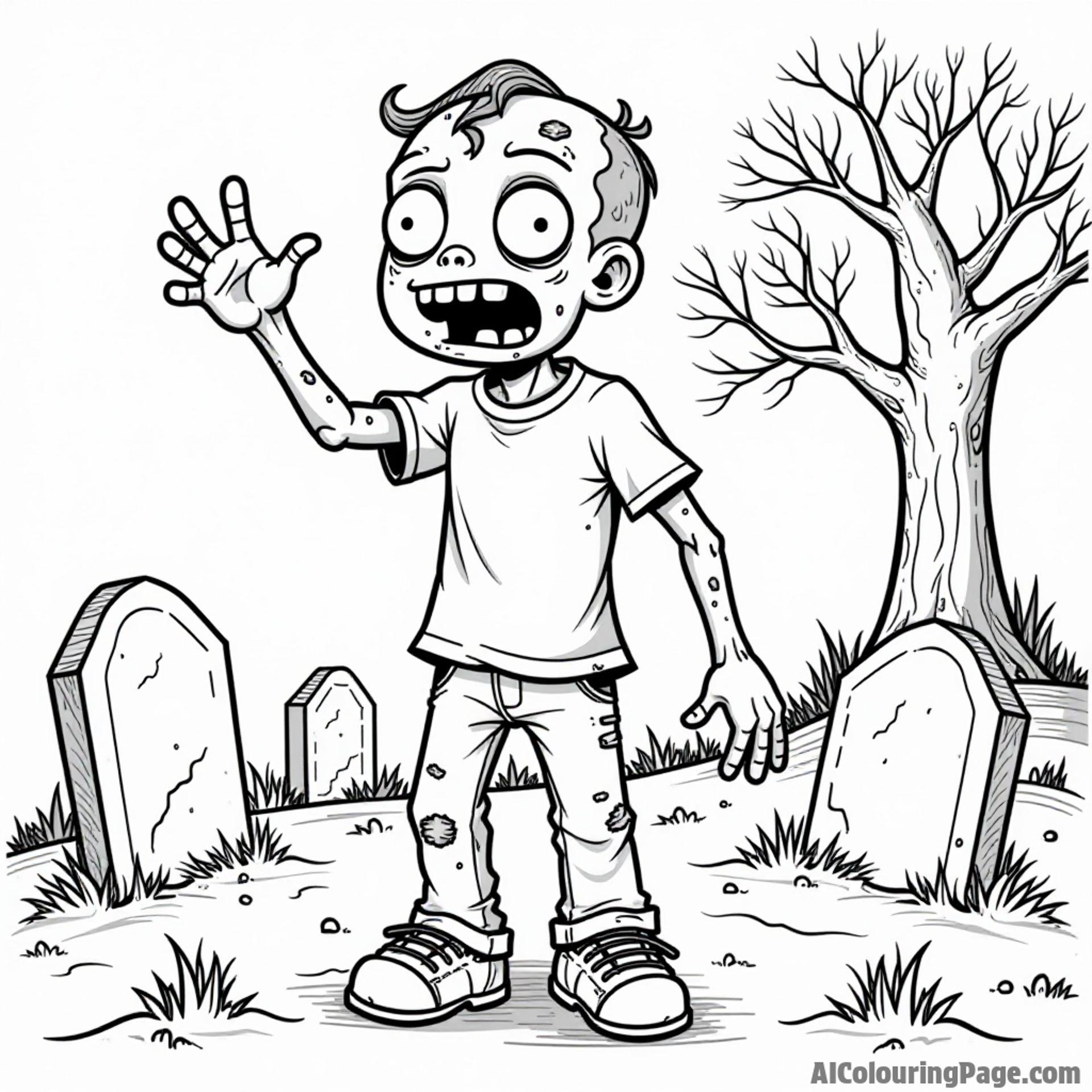 A friendly zombie waving hello with a graveyard scene featuring tombstones and a spooky tree in the distance.