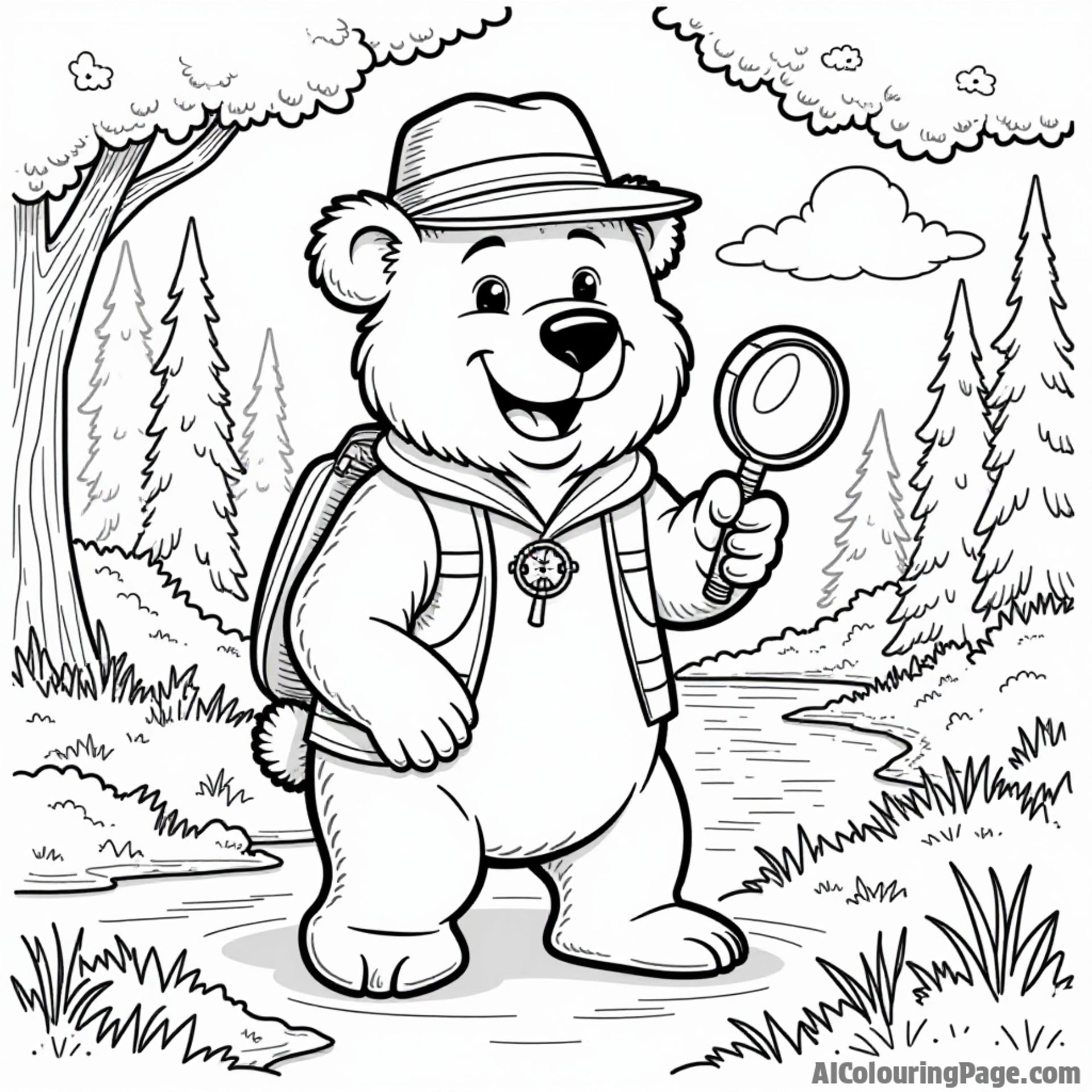 An adventurous bear wearing an explorer hat, holding a magnifying glass, surrounded by trees and a flowing river, showcasing nature's wonders in a fun, black and white coloring page.