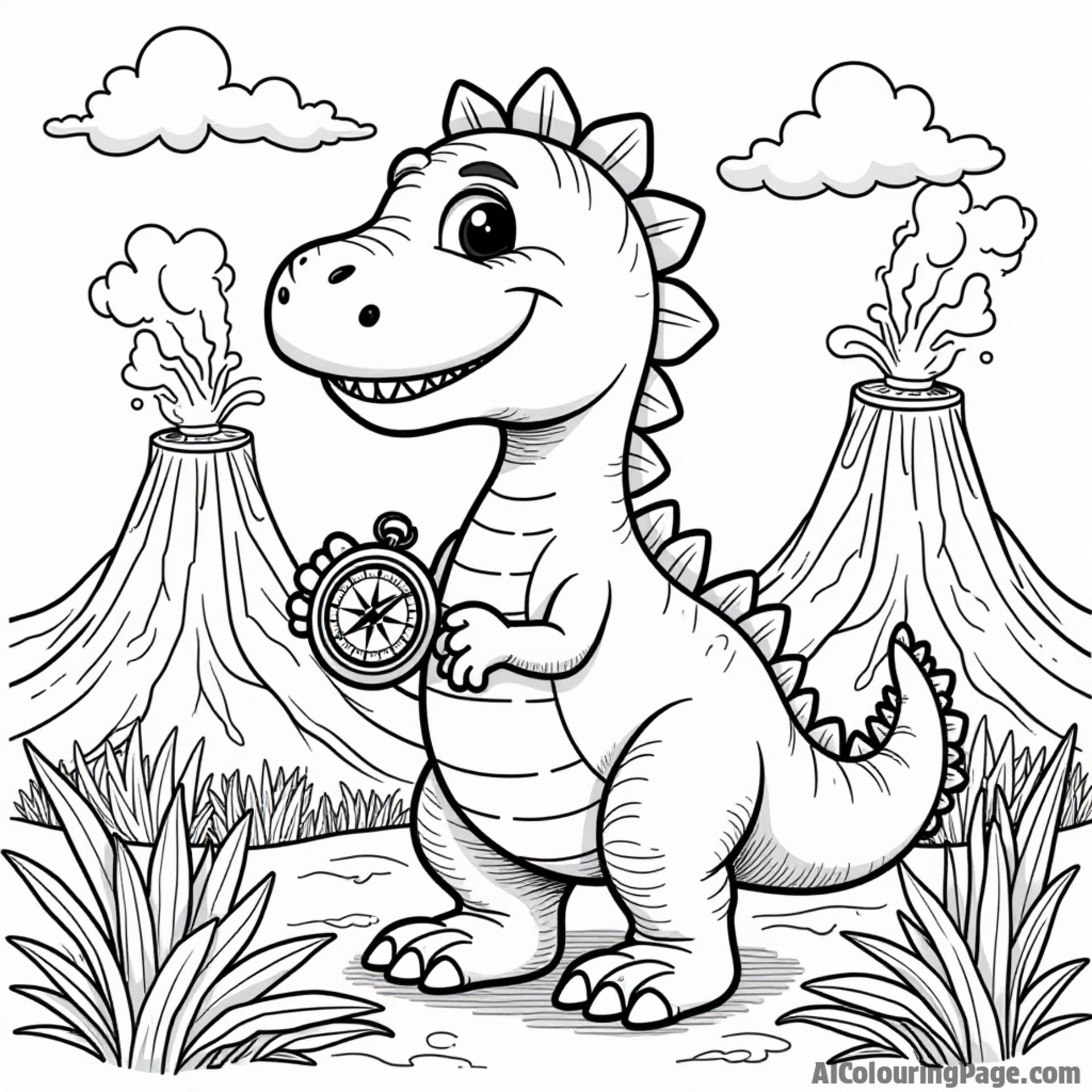 A friendly dinosaur holding a compass, surrounded by colorful volcanoes and lush plants, inviting kids to embark on a prehistoric adventure through their coloring creativity.
