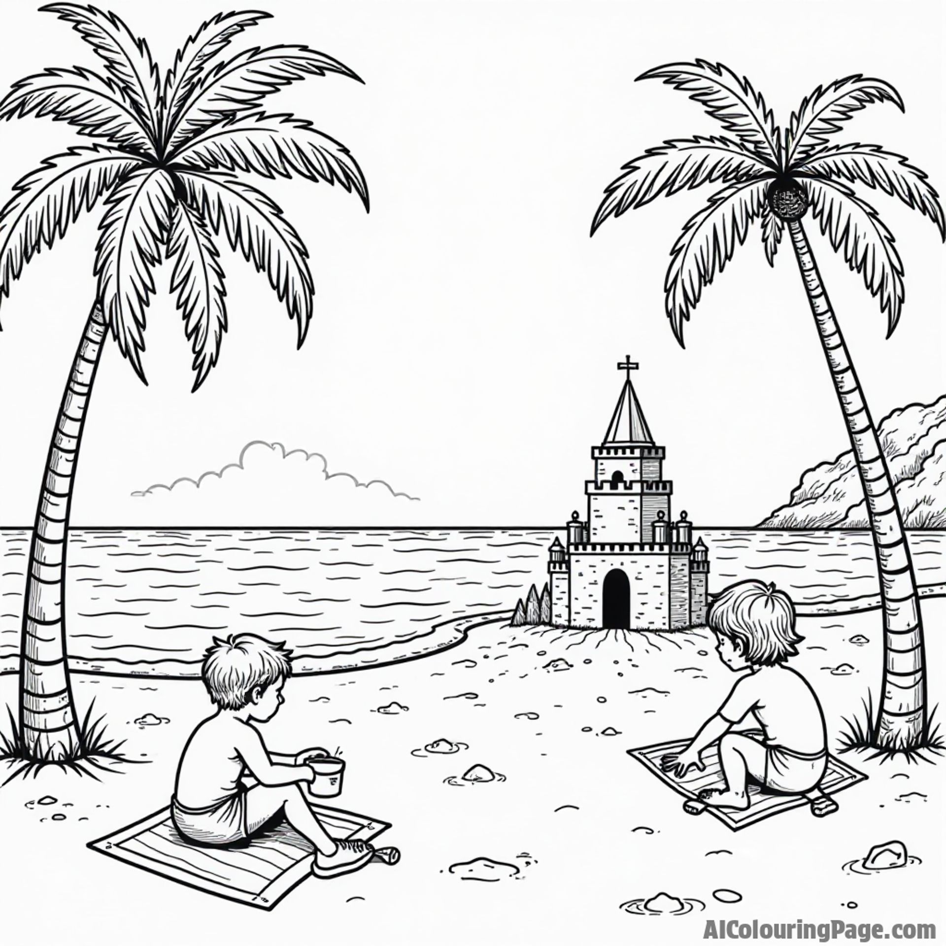 A sunny beach with a sandcastle, palm trees, and kids playing, representing California in a fun, black and white coloring style.