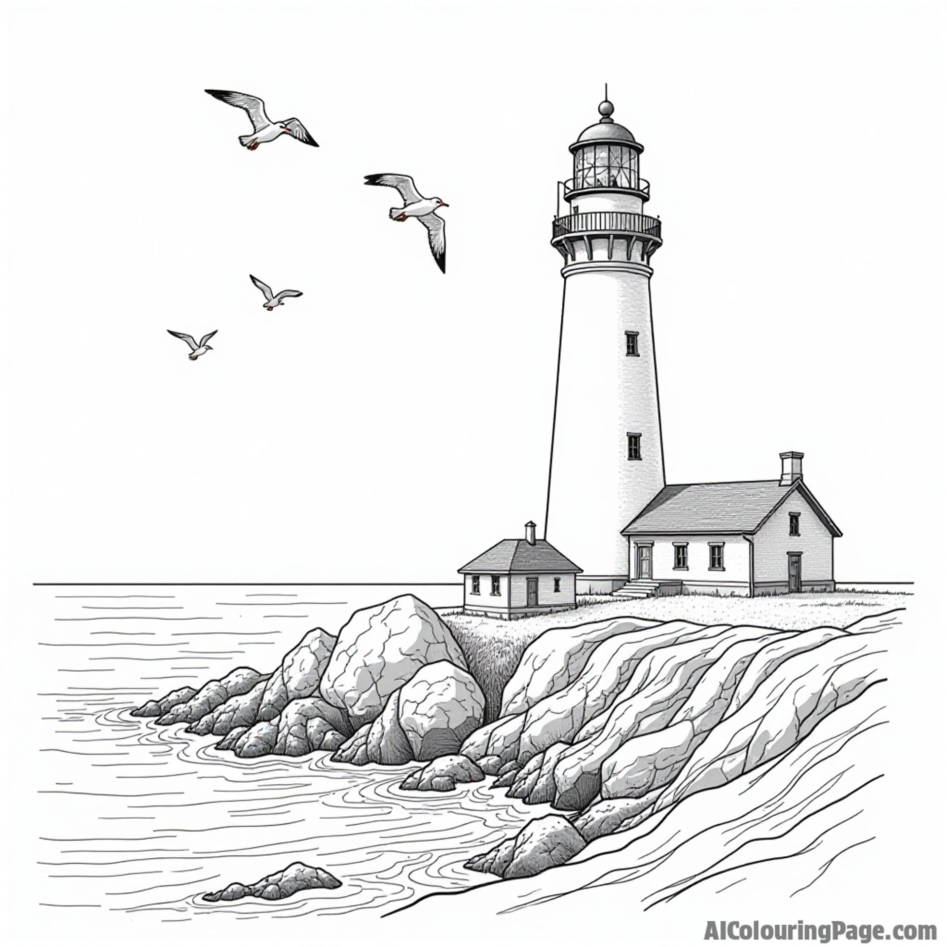 A lighthouse standing tall on a rocky coast, with seagulls flying above and waves crashing against the shore in Maine.