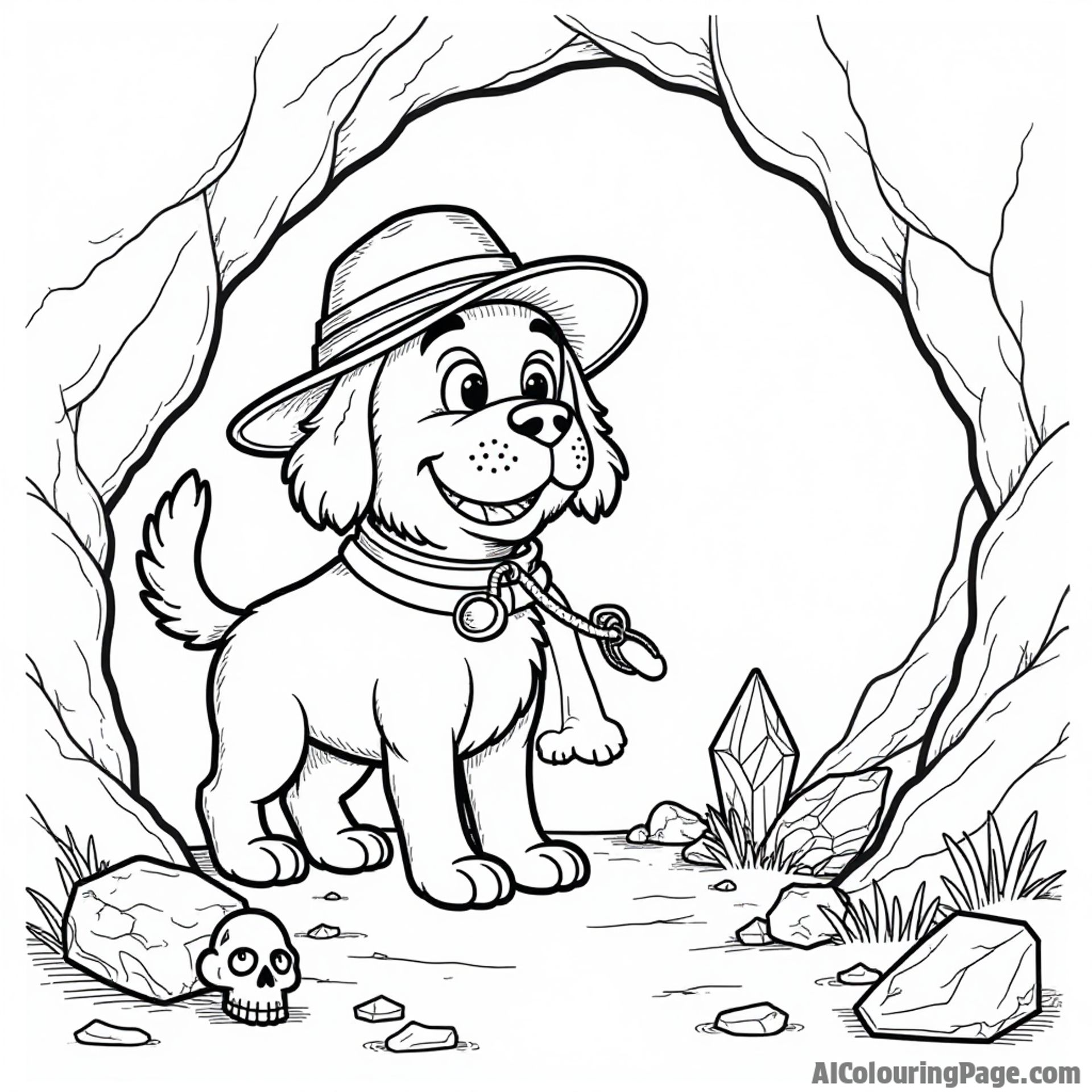 An explorer dog with a large explorer hat, sniffing around a cave entrance, accompanied by sparkling gems and ancient artifacts, creating an exciting discovery scene for coloring fun.