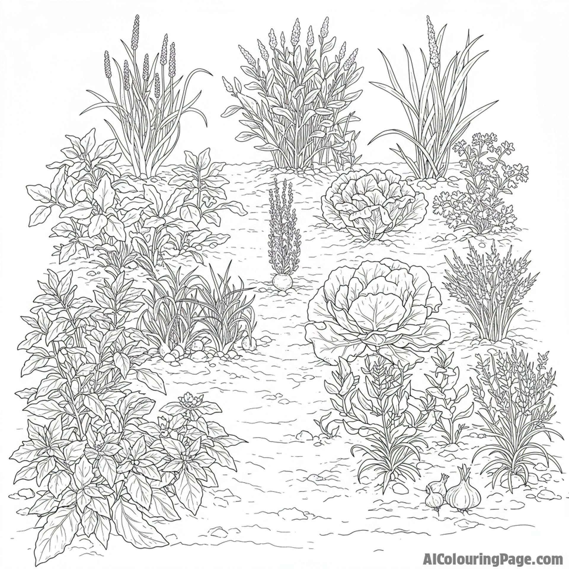 A garden overflowing with fresh herbs and budding vegetables.