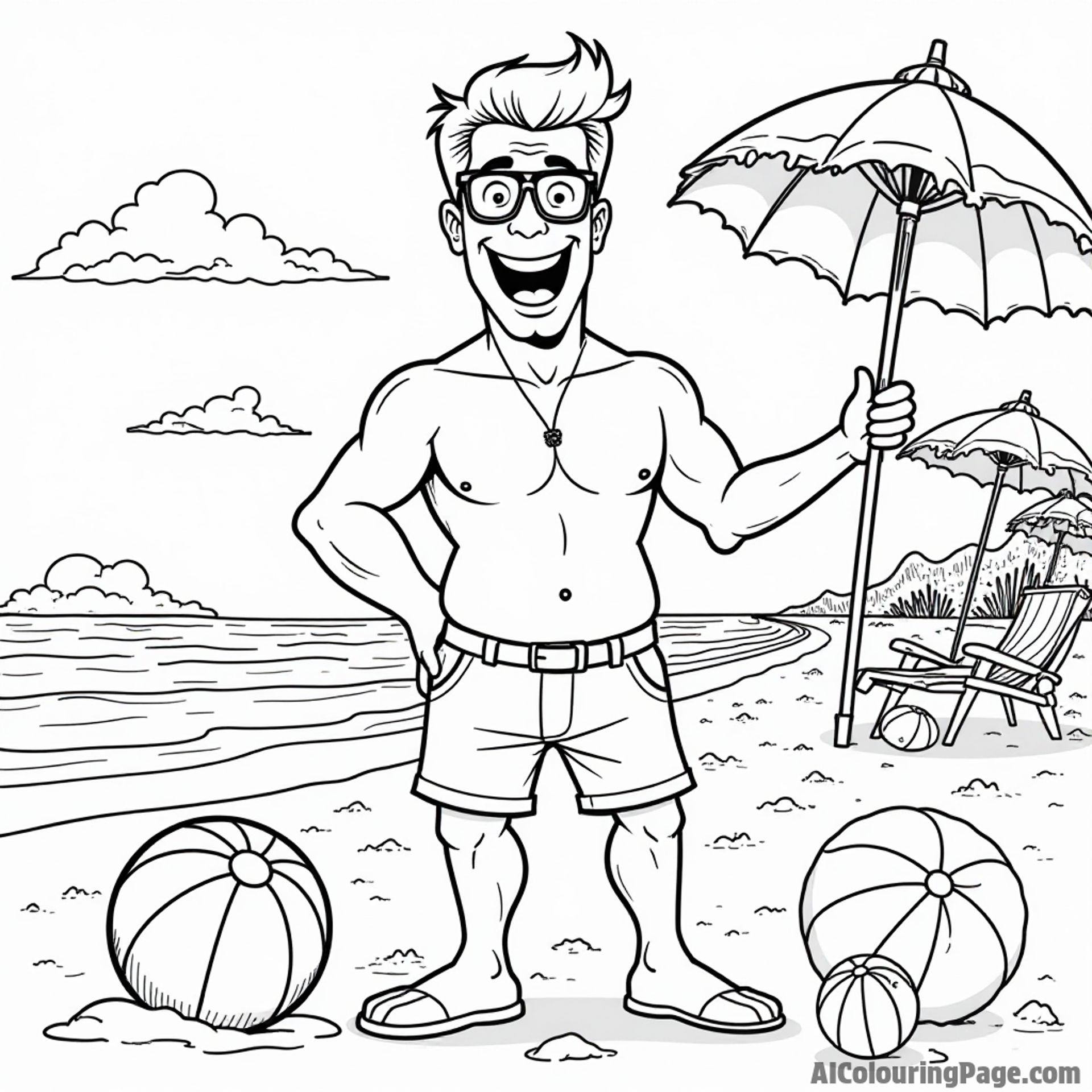 Johnny Bravo having fun at a beach party with colorful beach balls and umbrellas