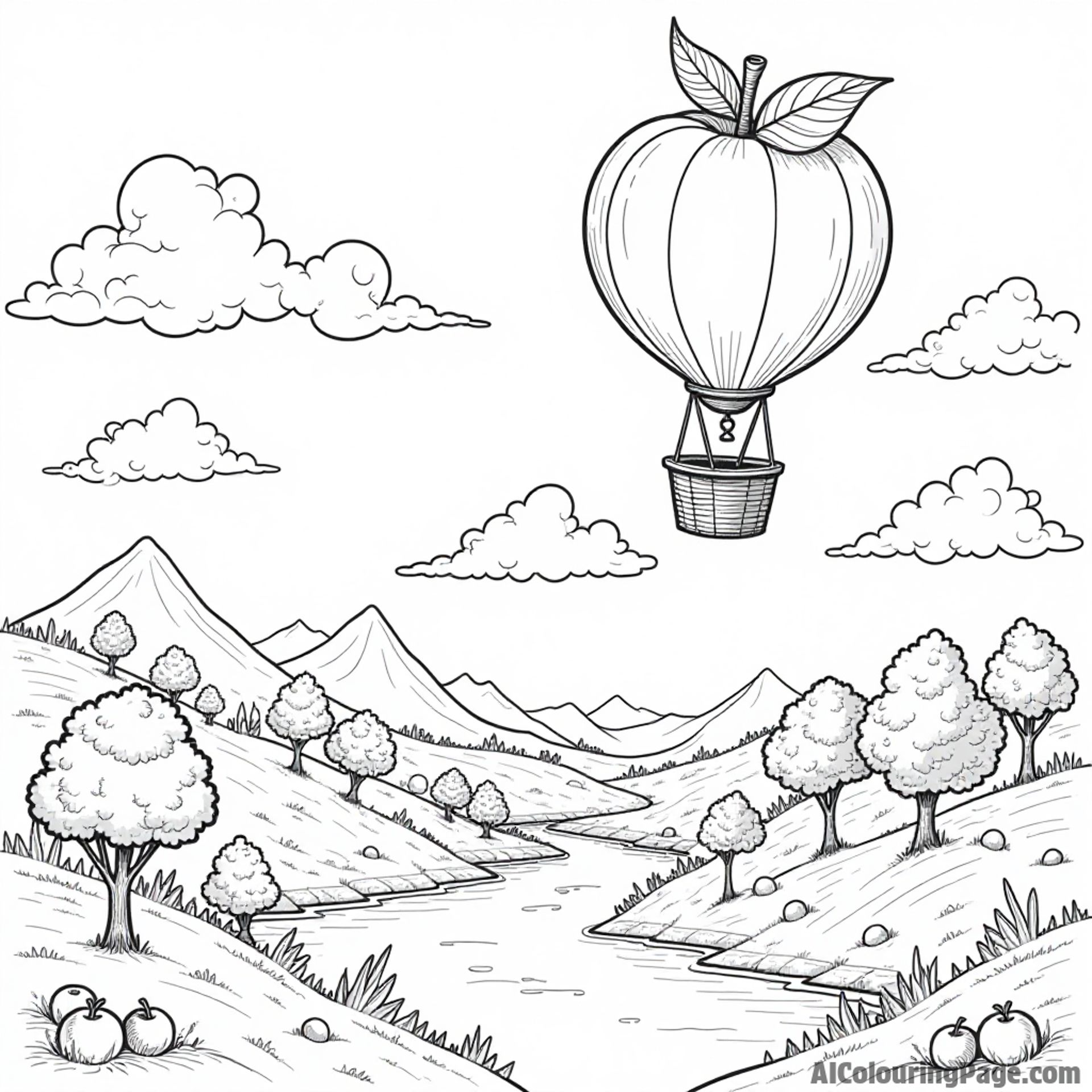 An apple traveling by hot air balloon, exploring different landscapes filled with fruit trees and rivers.