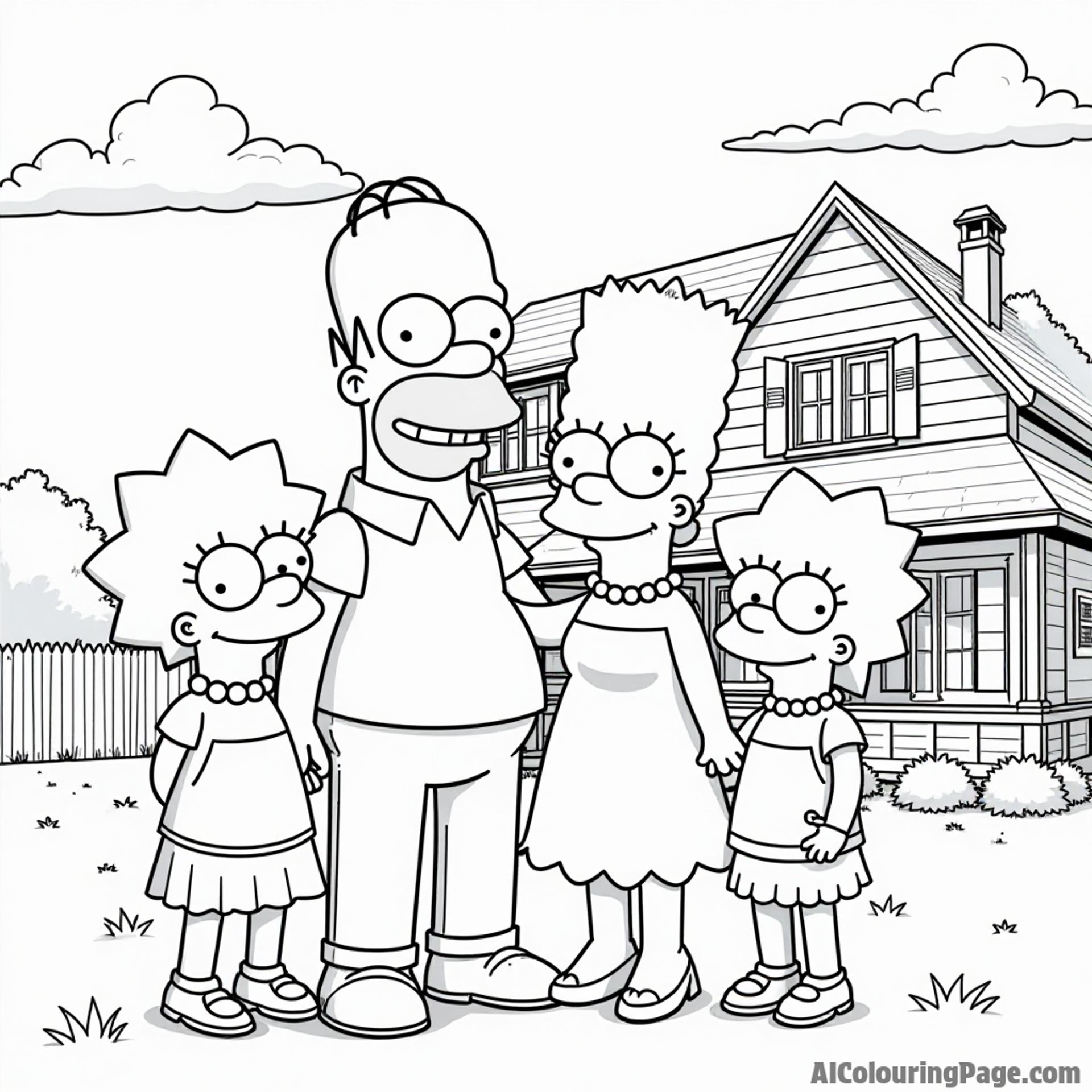 A family portrait of the Simpsons posing together in front of their house with smiles, showcasing their unique personalities.