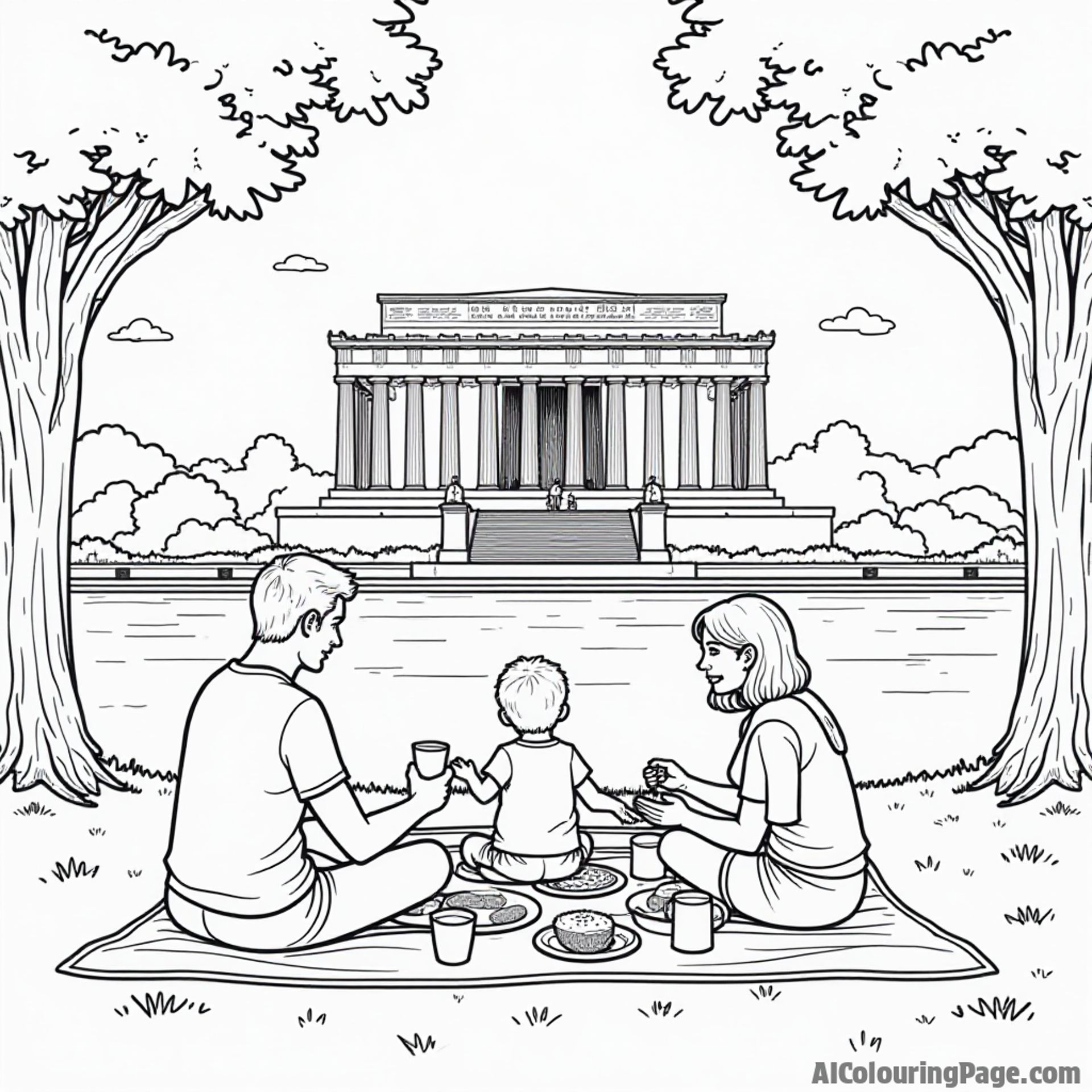 A family enjoying a picnic at the Lincoln Memorial, with children playing games and the Reflecting Pool in the background.