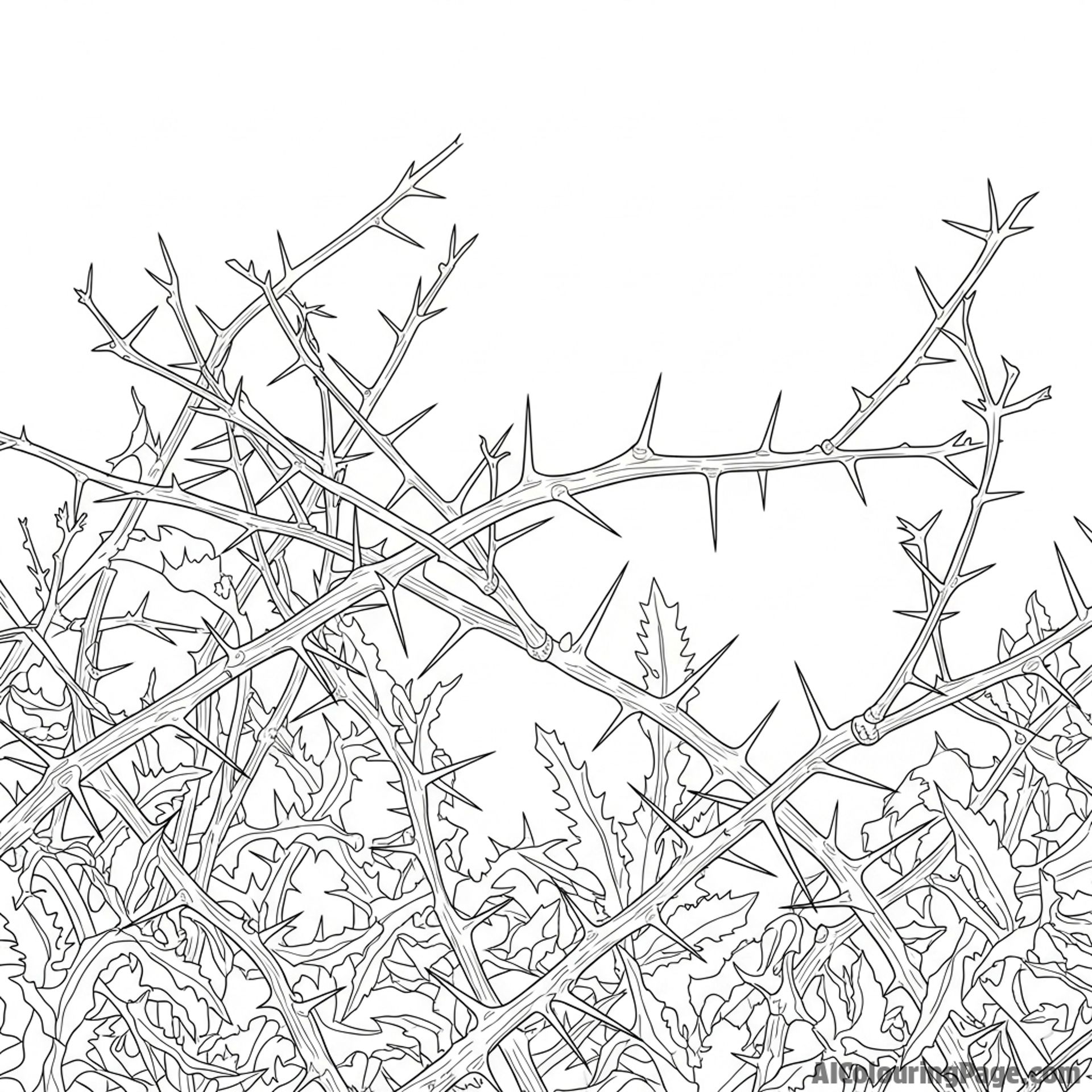Overgrown thorn bushes, spiky branches, resisting dryness.
