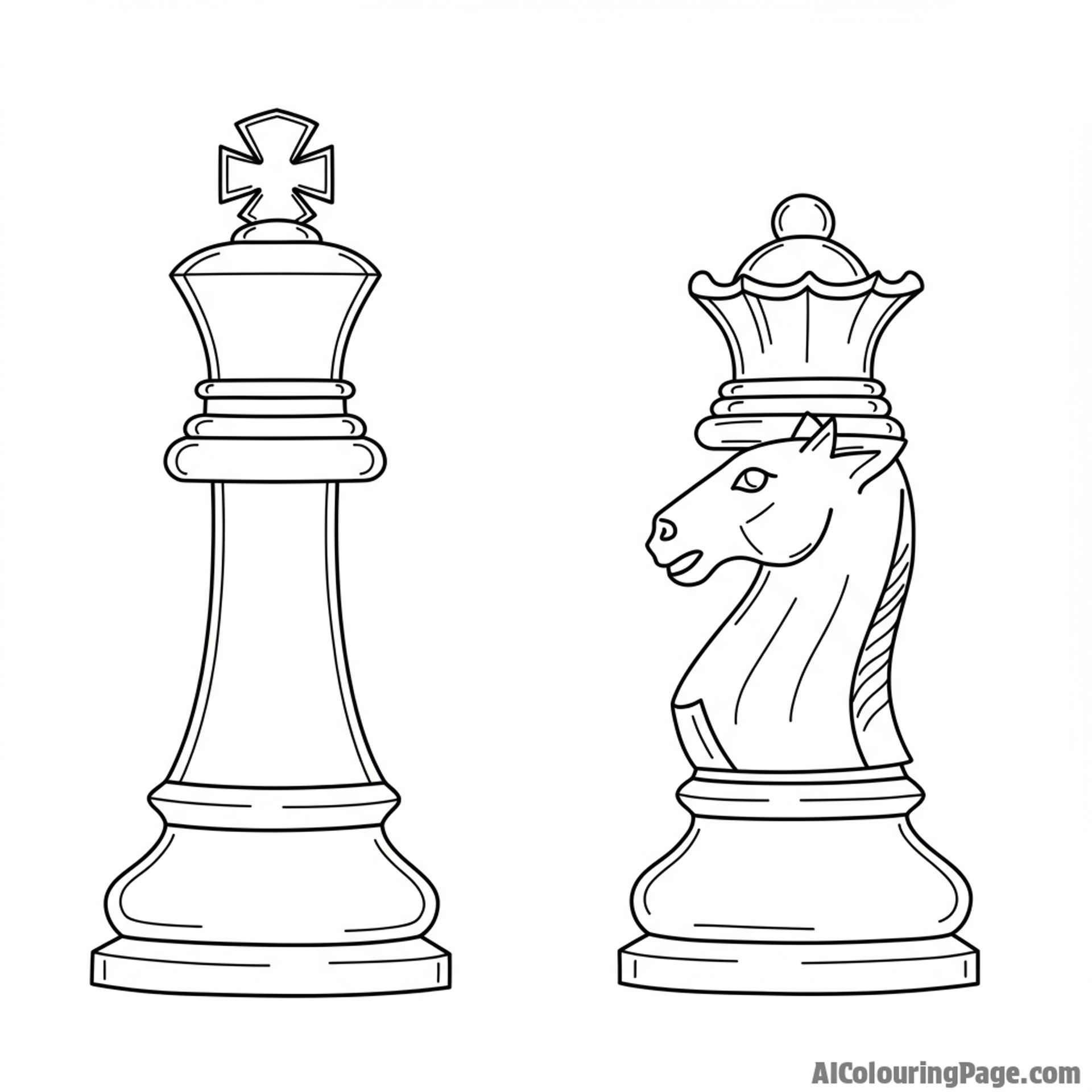 Two chess pieces, a king and a queen, facing each other.