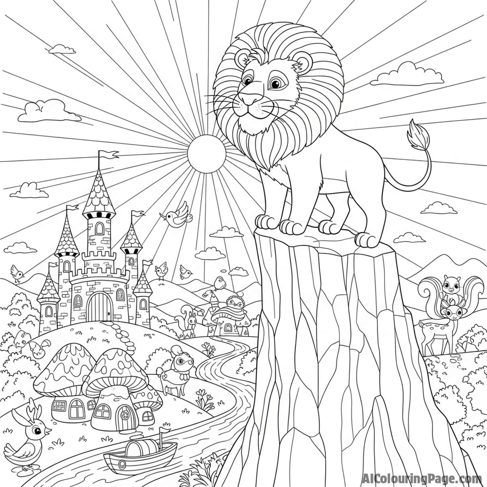 A lion standing on a high, craggy outcrop, surveying its kingdom below.