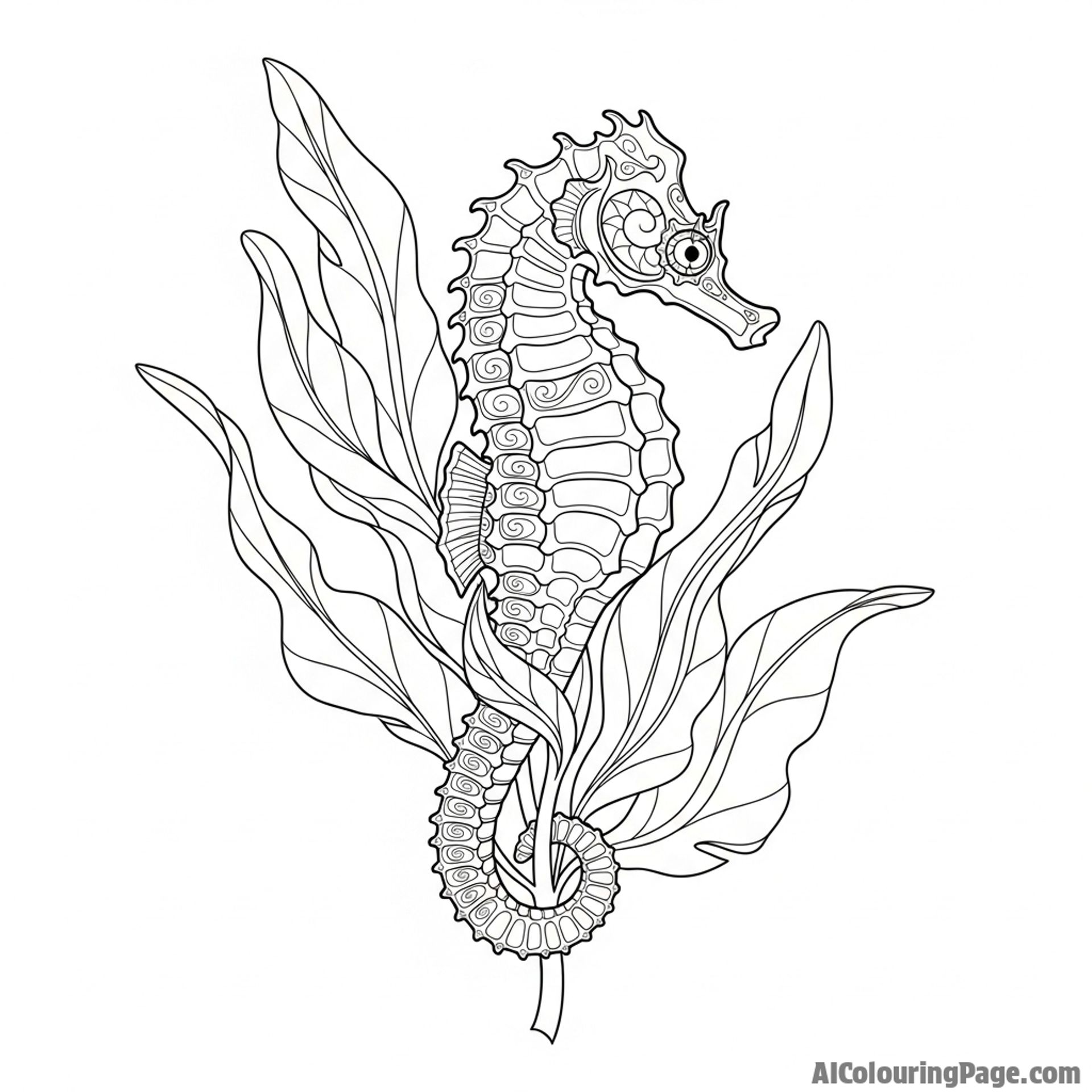 A seahorse clinging to a piece of seaweed with its prehensile tail.