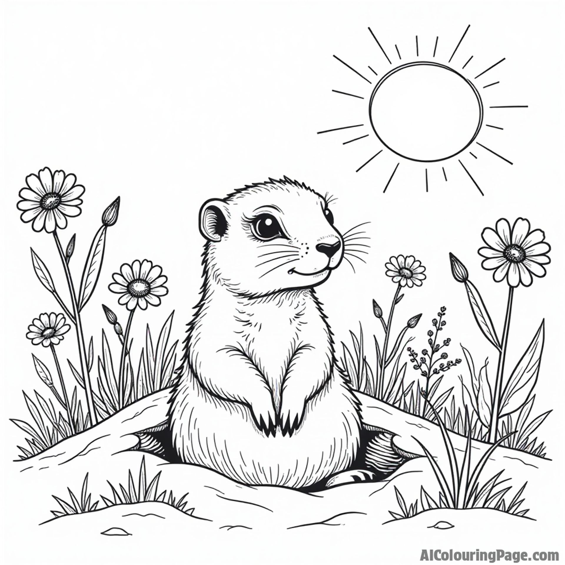 An adorable prairie dog peeking out from a burrow surrounded by wildflowers of Illinois under a bright sunny sky
