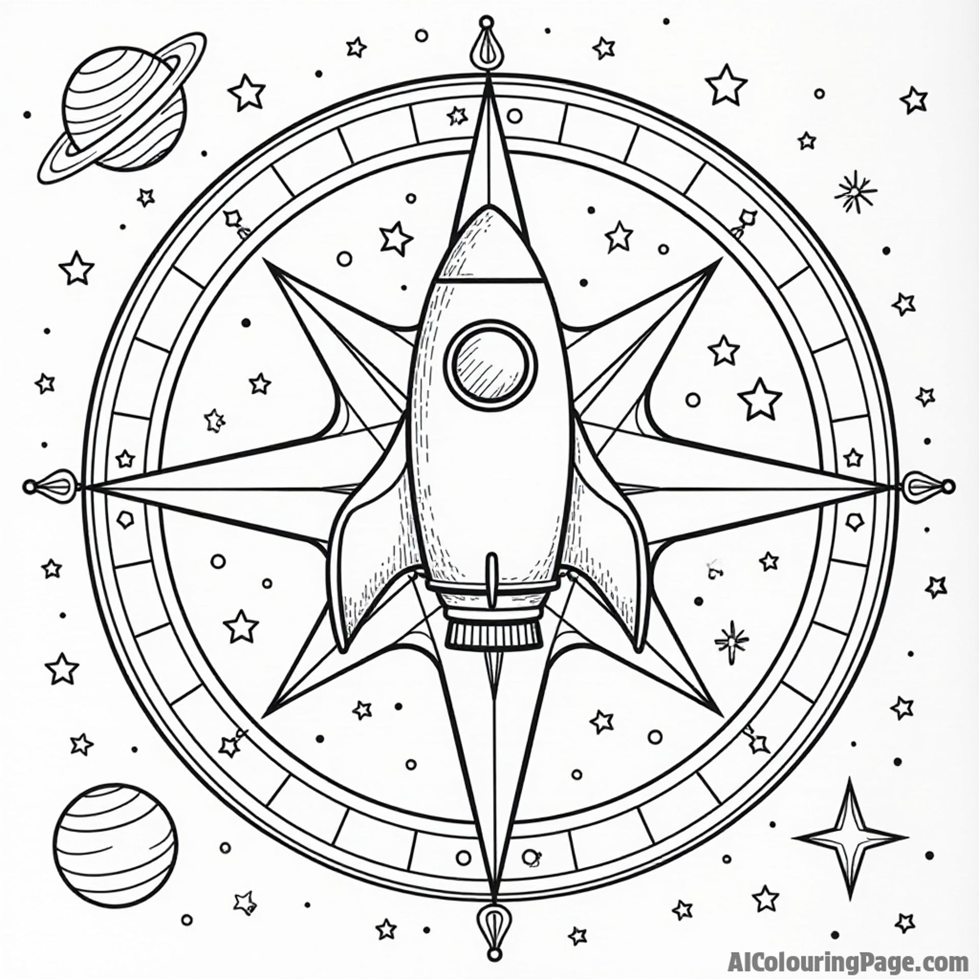 A majestic compass rose surrounded by stars and planets, with a cute rocket ship ready for exploration, inviting young artists to color their own cosmic adventure.
