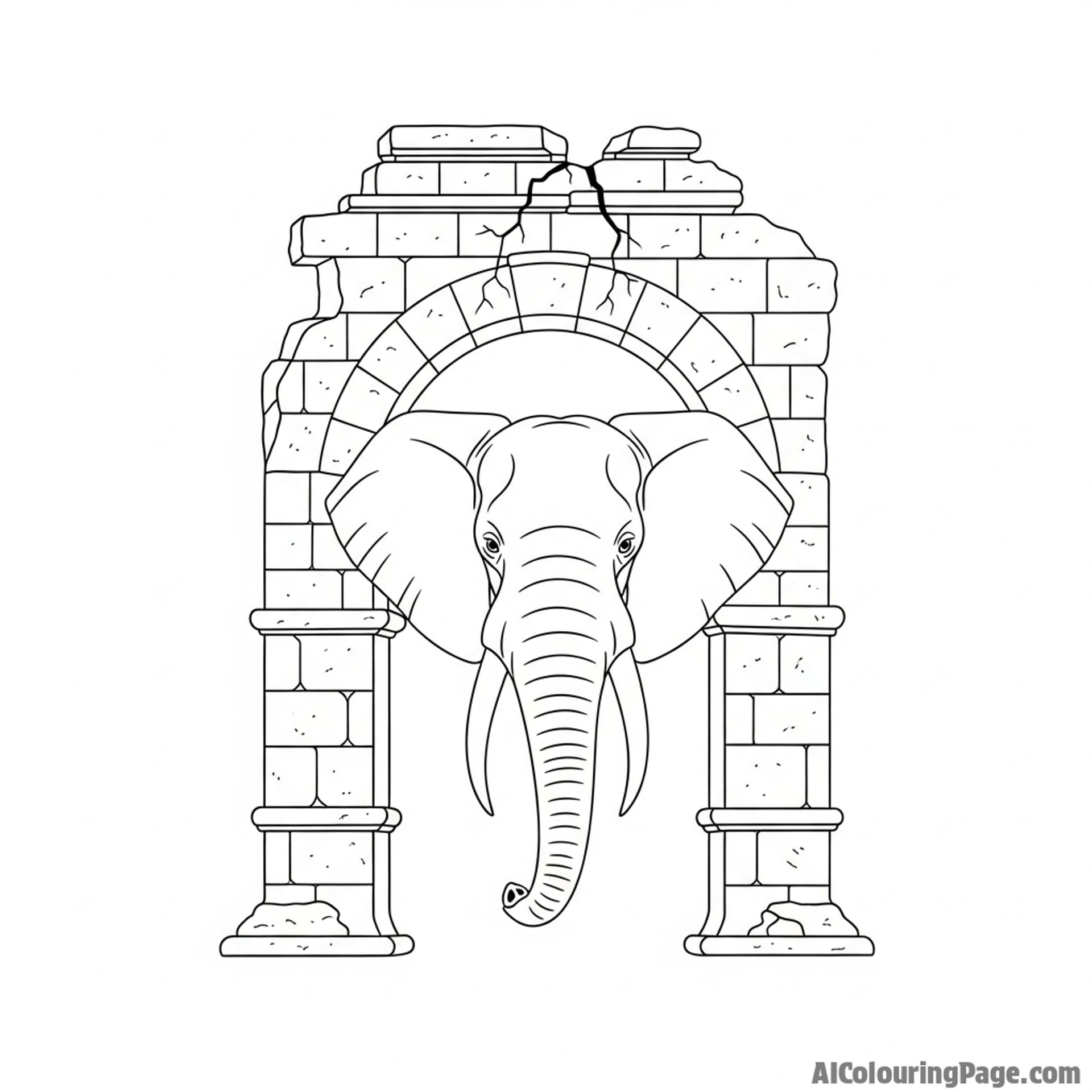 An elephant peeking its head through the ruins of an ancient stone archway.