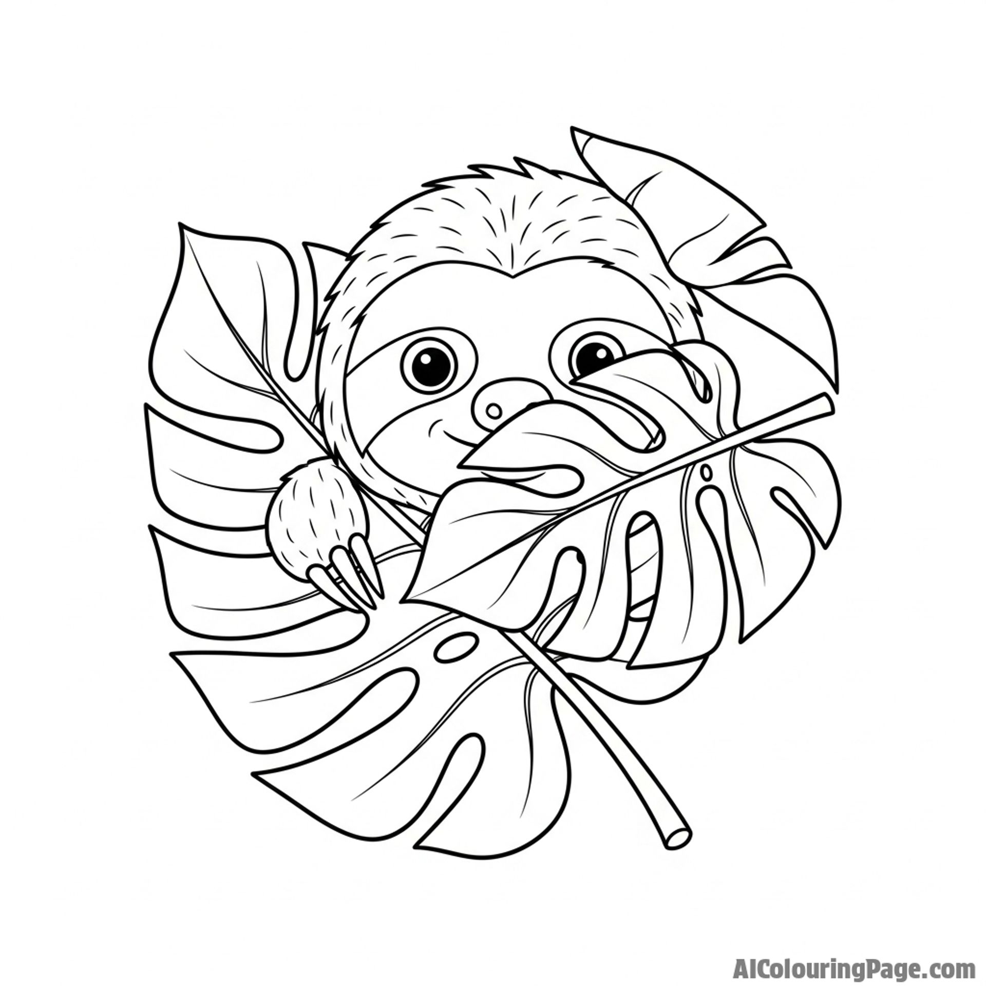 A sloth peering through a large, tropical leaf, one eye visible.