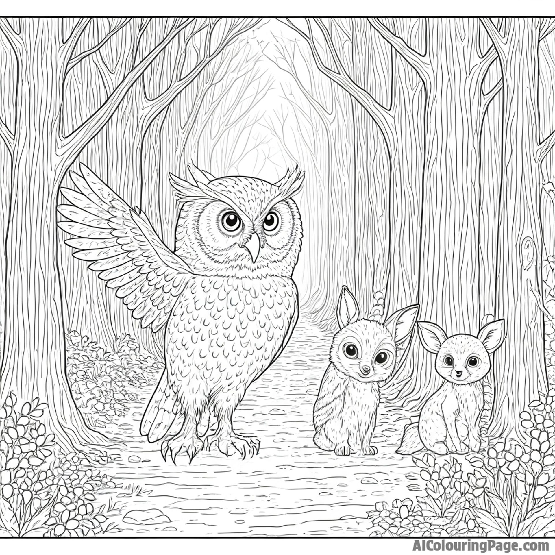 An owl leading a procession of woodland creatures through a dark forest.