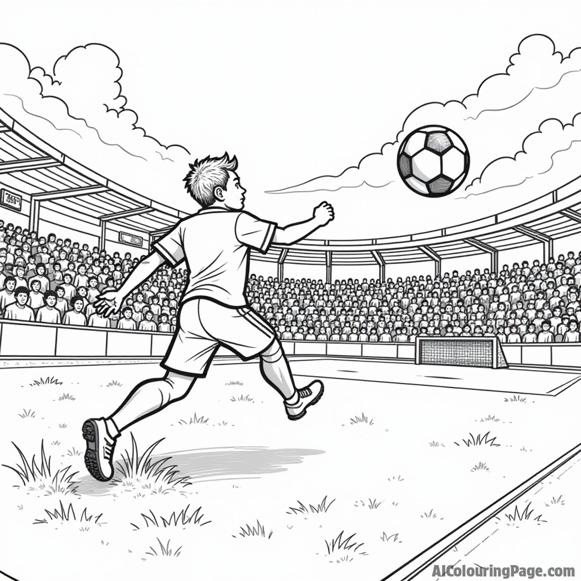 A soccer game in a stadium with fans cheering, a scoreboard in the background, and a soccer ball flying through the air, all ready for kids to color in black and white.
