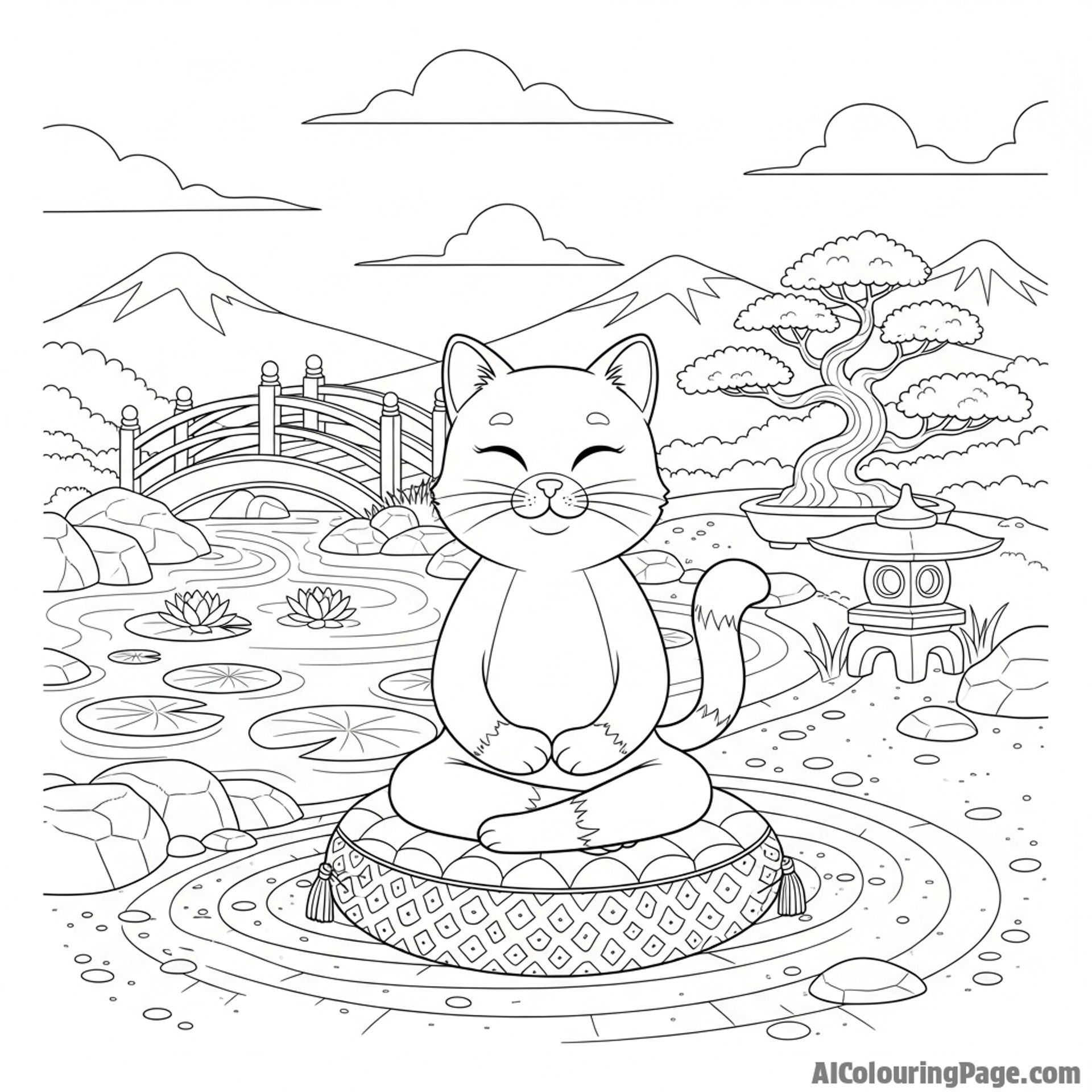 A zen cat meditating on a cushion in a tranquil Japanese garden.