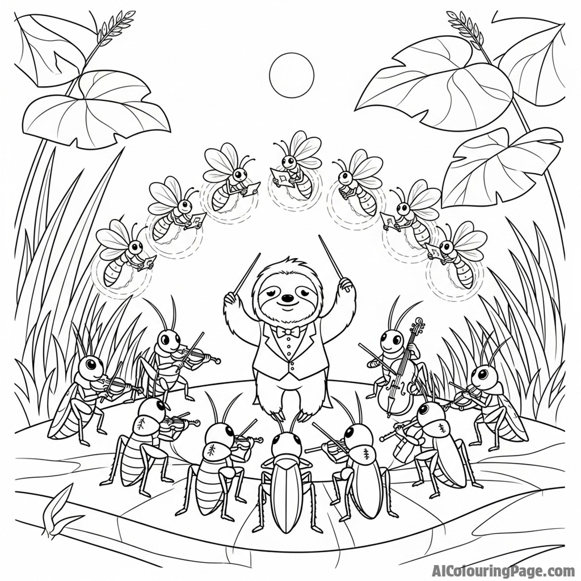 A sloth conducting an orchestra of crickets and fireflies at dusk.