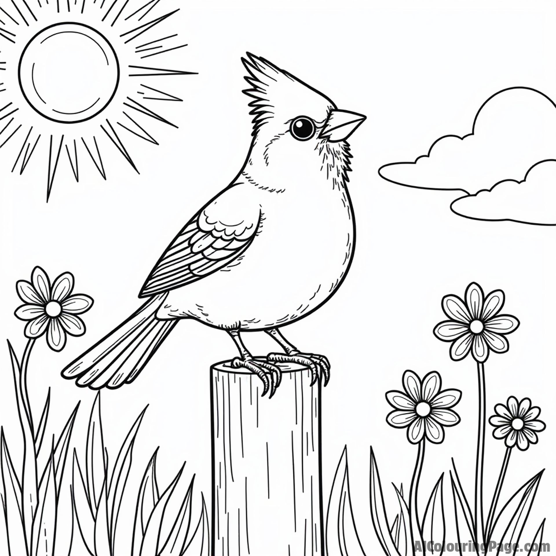 A happy cardinal dancing on a fence post, with colorful flowers and a bright sun in the background for joyful coloring.