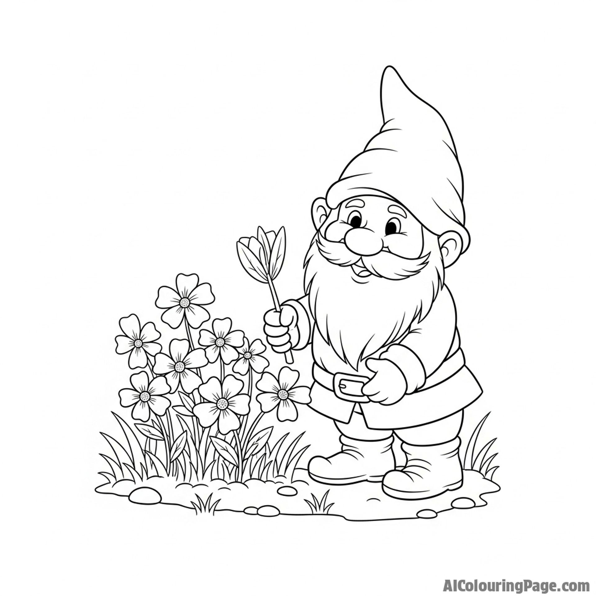 Garden gnome tending to a small flower patch.